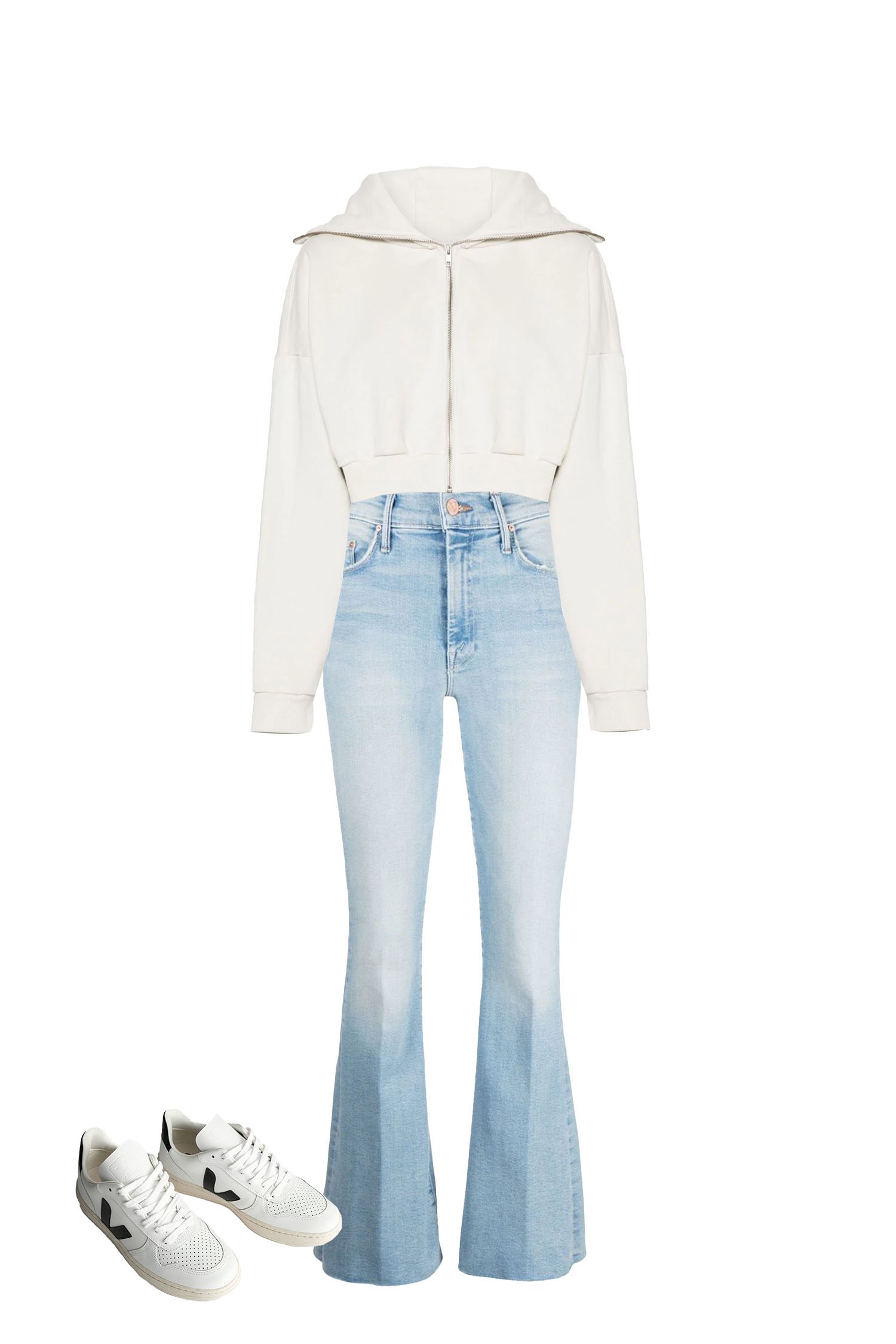 Pair Light Blue Flare Jeans with a White Cropped Zipped Hoodie, and White Sneakers