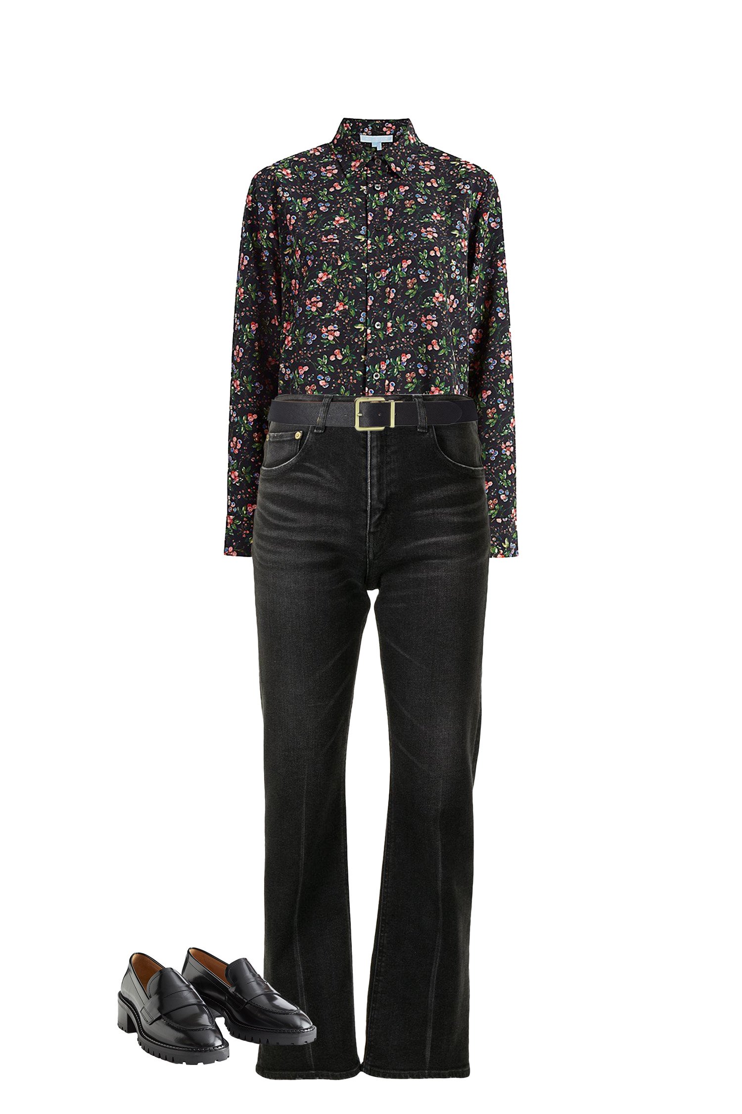 Pair Black Flare Jeans with Black Floral Shirt, and Black Loafers