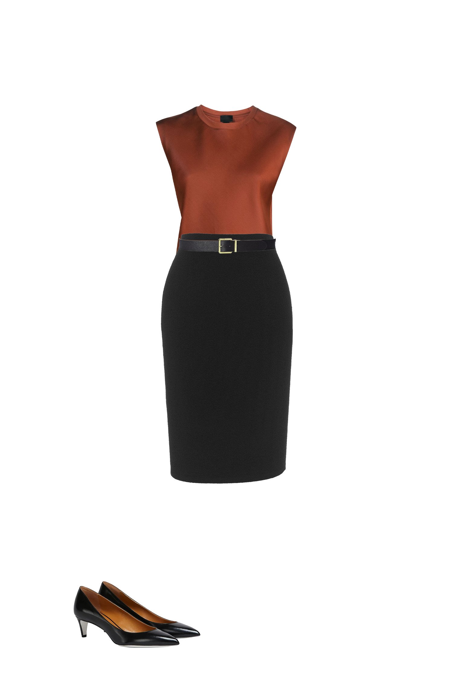 Black Pencil Skirt Outfit with Rust Sleeveless Satin Top, Black Belt and Black Pumps