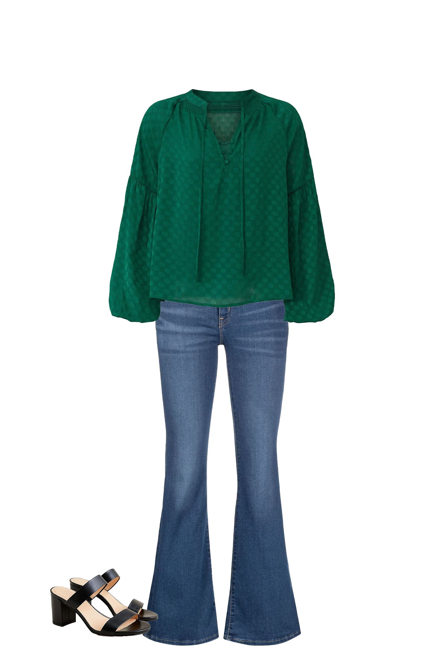 Pair Classic Blue Flare Jeans with Green Balloon Sleeve Blouse, and Block Heel Sandals