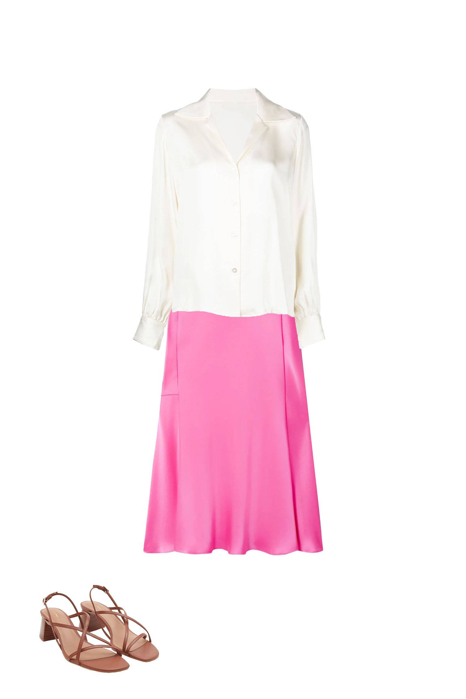 Hot Pink Satin Skirt with Ivory White Silk Shirt Outfit