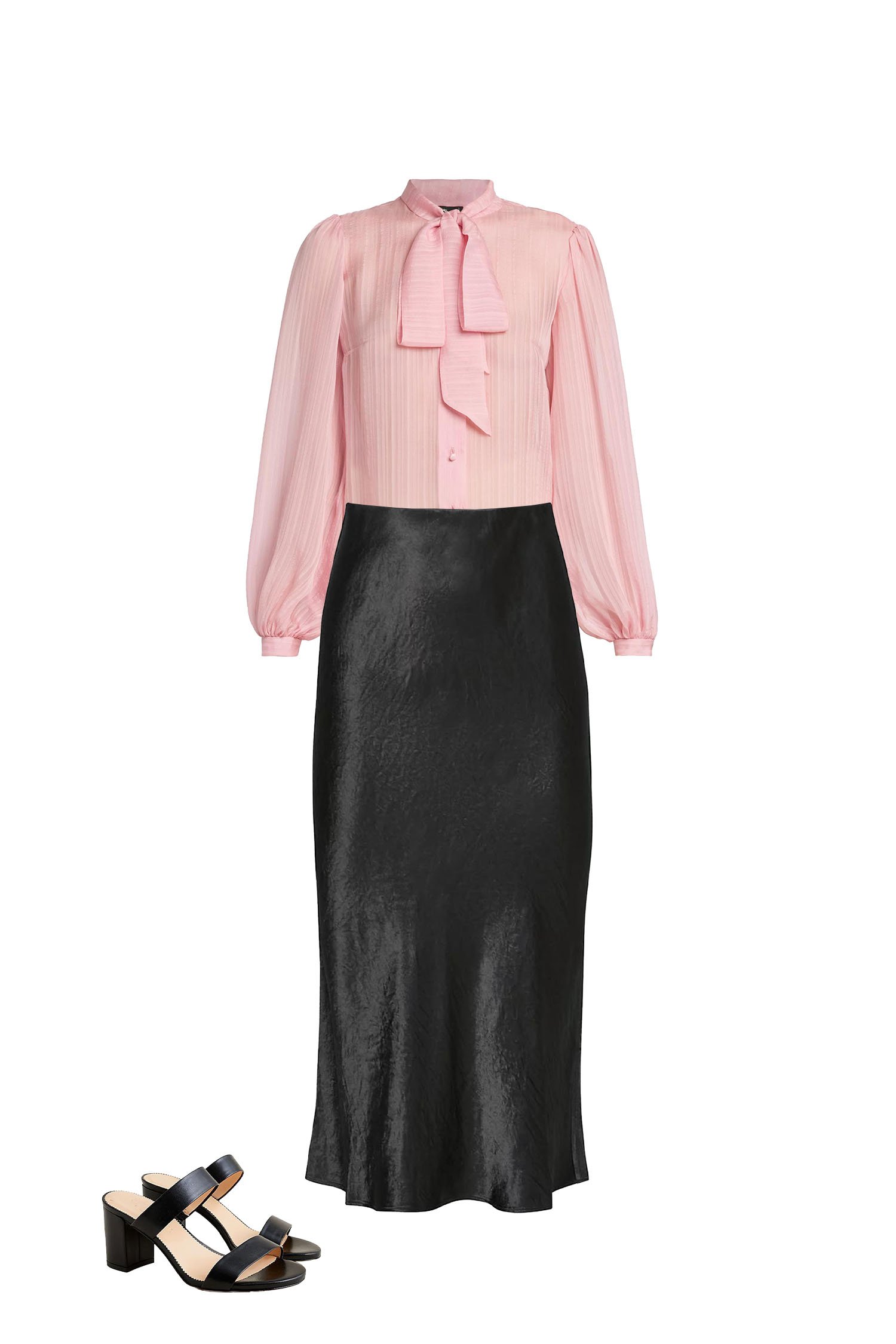 Black Satin Skirt Outfit with Pink Pussy Bow Blouse and Black Heeled Sandals
