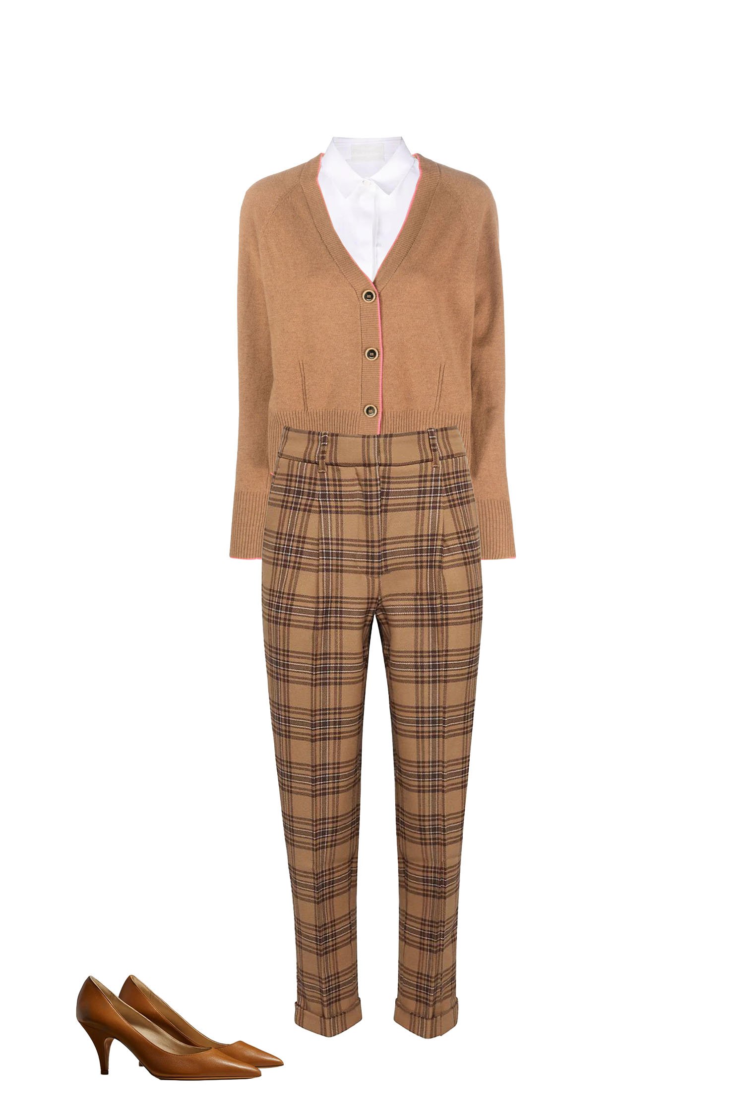 Spring Office Outfit - Camel Plaid Pants, White Shirt, Camel Cardigan, Brown Pumps