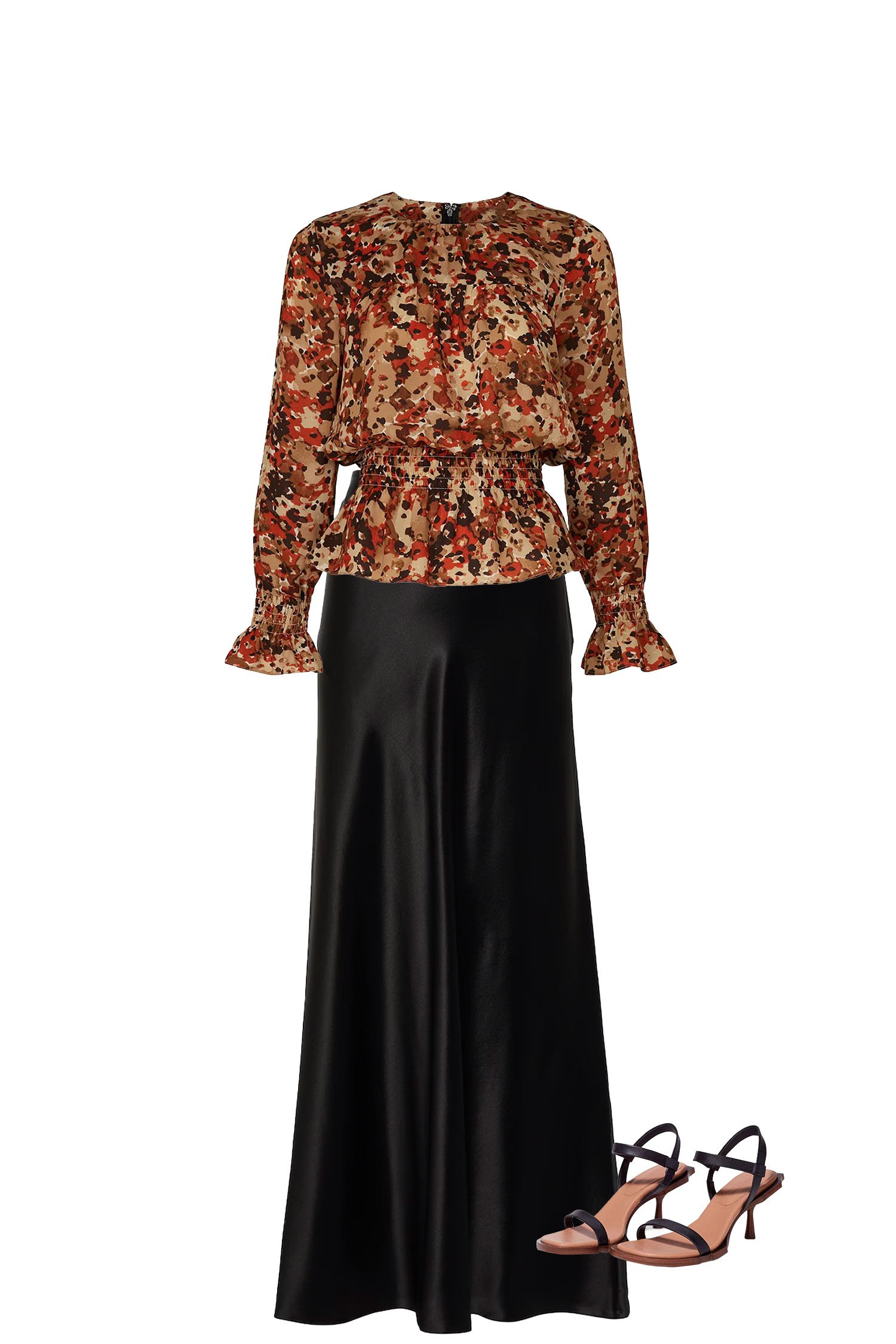 Black Satin Maxi Skirt Outfit with Camel Floral Print Top and Black Heeled Sandals