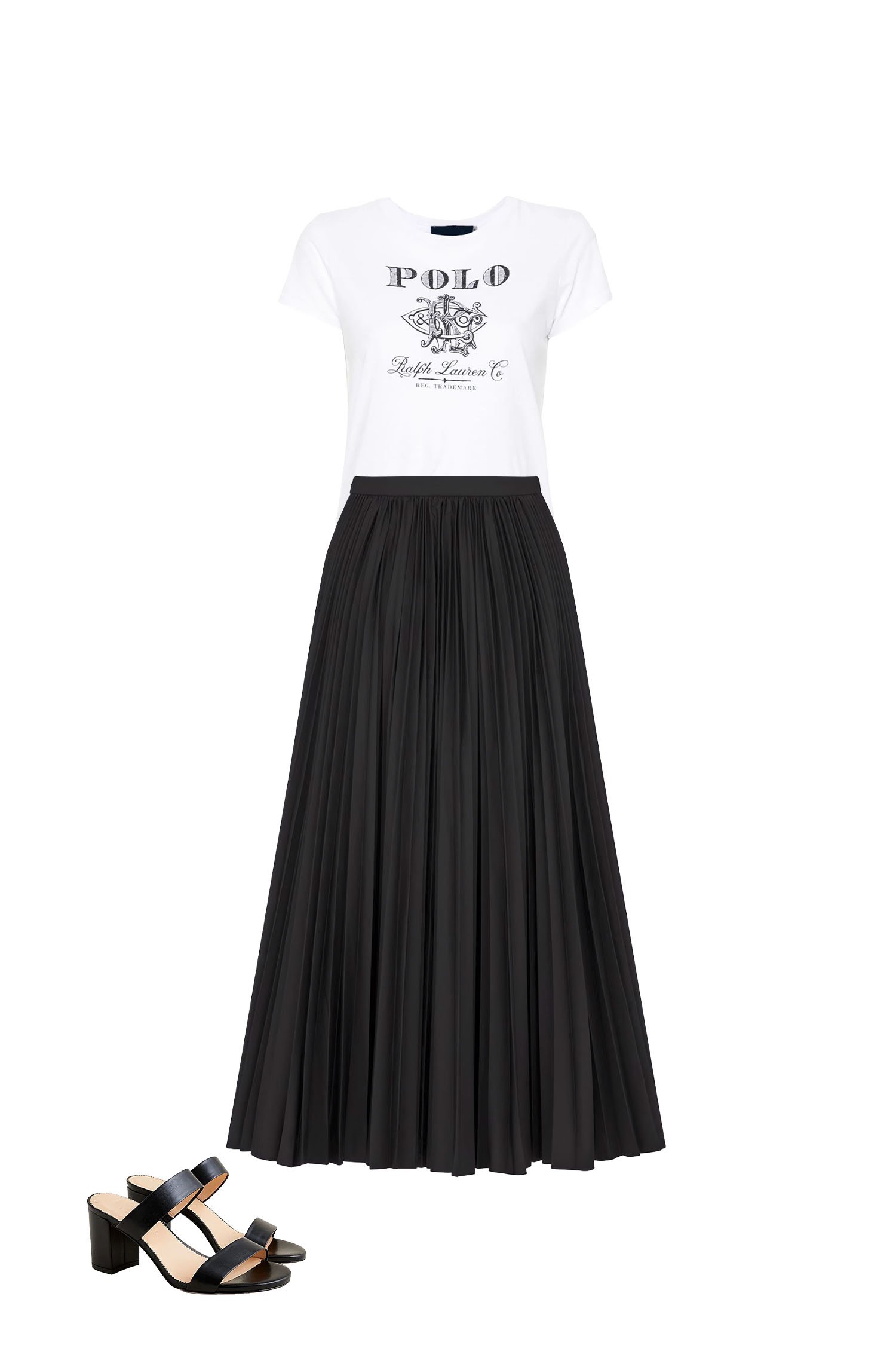 Black Pleated Skirt Outfit with White Graphic Print T-Shirt, and Black Block Heeled Sandals