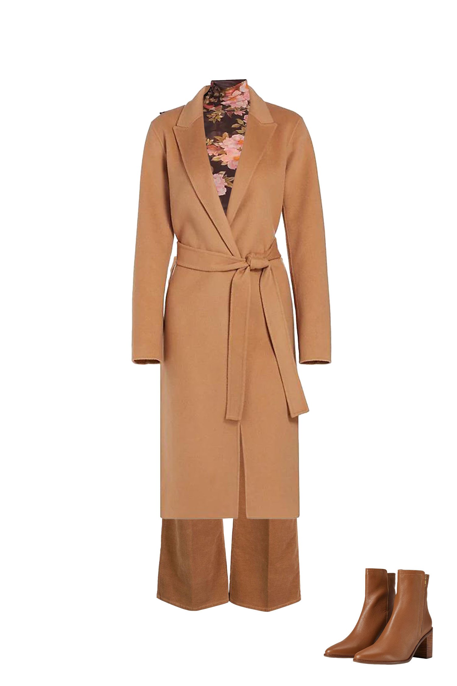 Corduroy Pants Outfits - Camel Corduory Pants, Brown and Pink Mesh Turtleneck Top, Camel Belted Coat, and Brown Ankle Boots