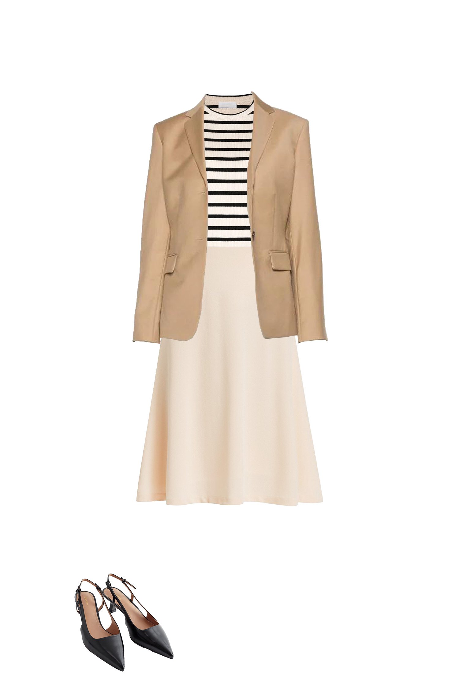 Business Casual Outfit - Cream A-Line Skirt, Cream and Black Stripe Knit Top, Camel Blazer, Black Pointy Toe Sling Backs