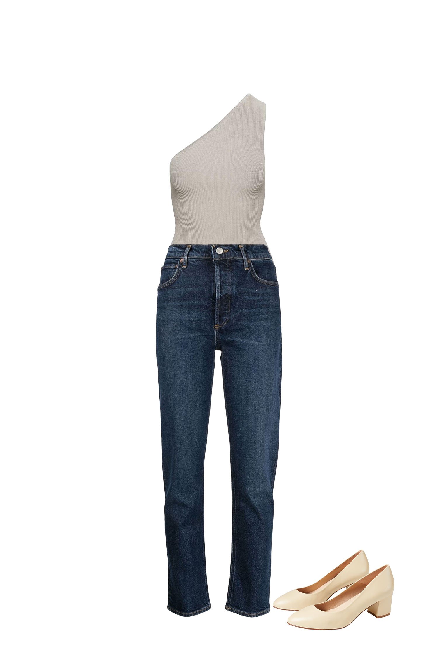 High Waisted Straight Leg Jeans - Taupe One-Shoulder Ribbed Top - Cream Block Heel Pumps