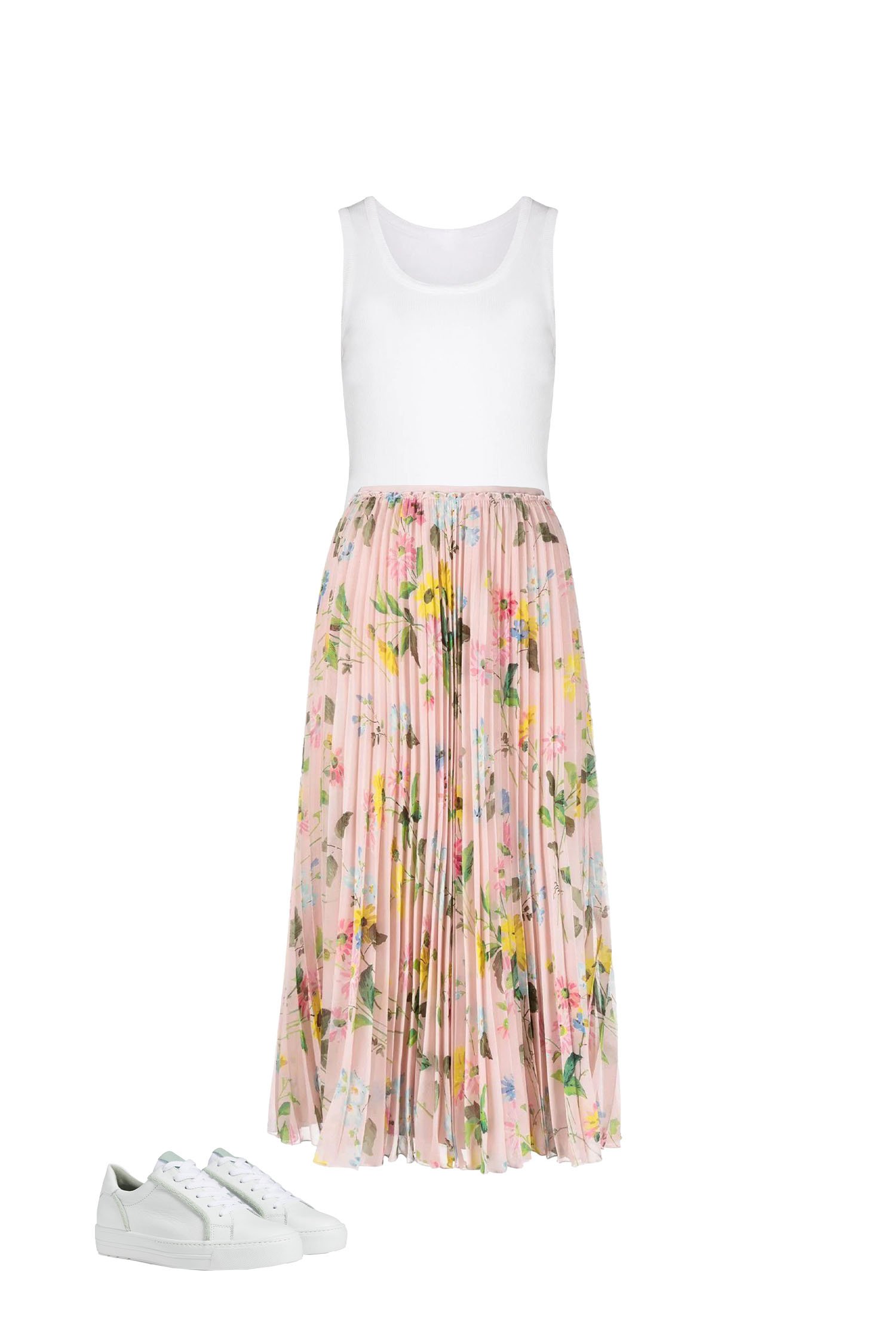 Pink Floral Pleated Skirt with White Tank Top and All White Sneakers