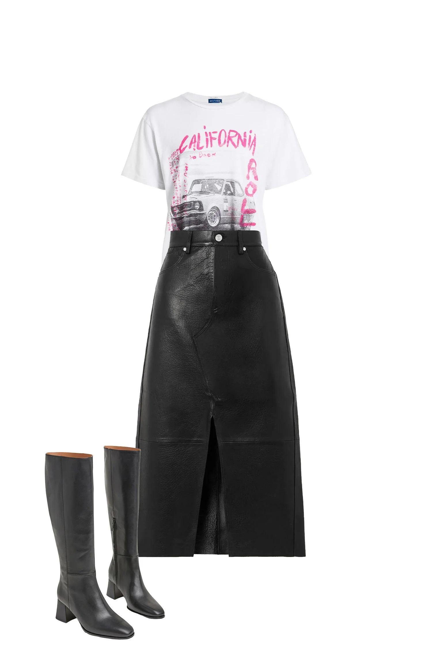 Black Leather Skirt Outfit with White Graphic T-Shirt, and Black Knee-High Boots