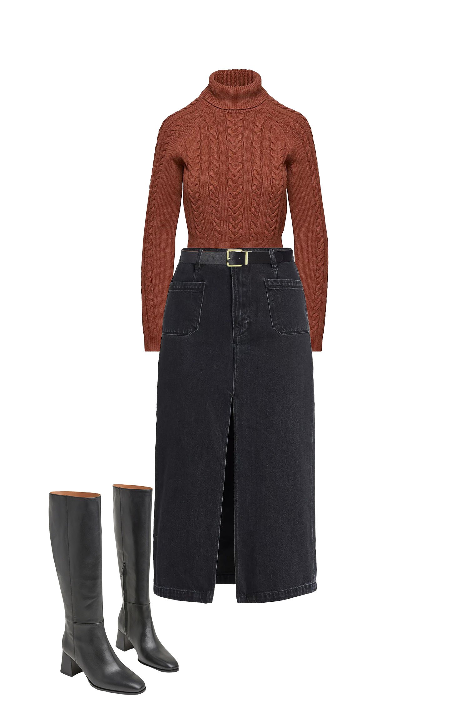 Black Denim Midi Skirt Outfit with Black Belt, Rust Brown Crop Turtleneck Sweater, and Black Knee High Boots