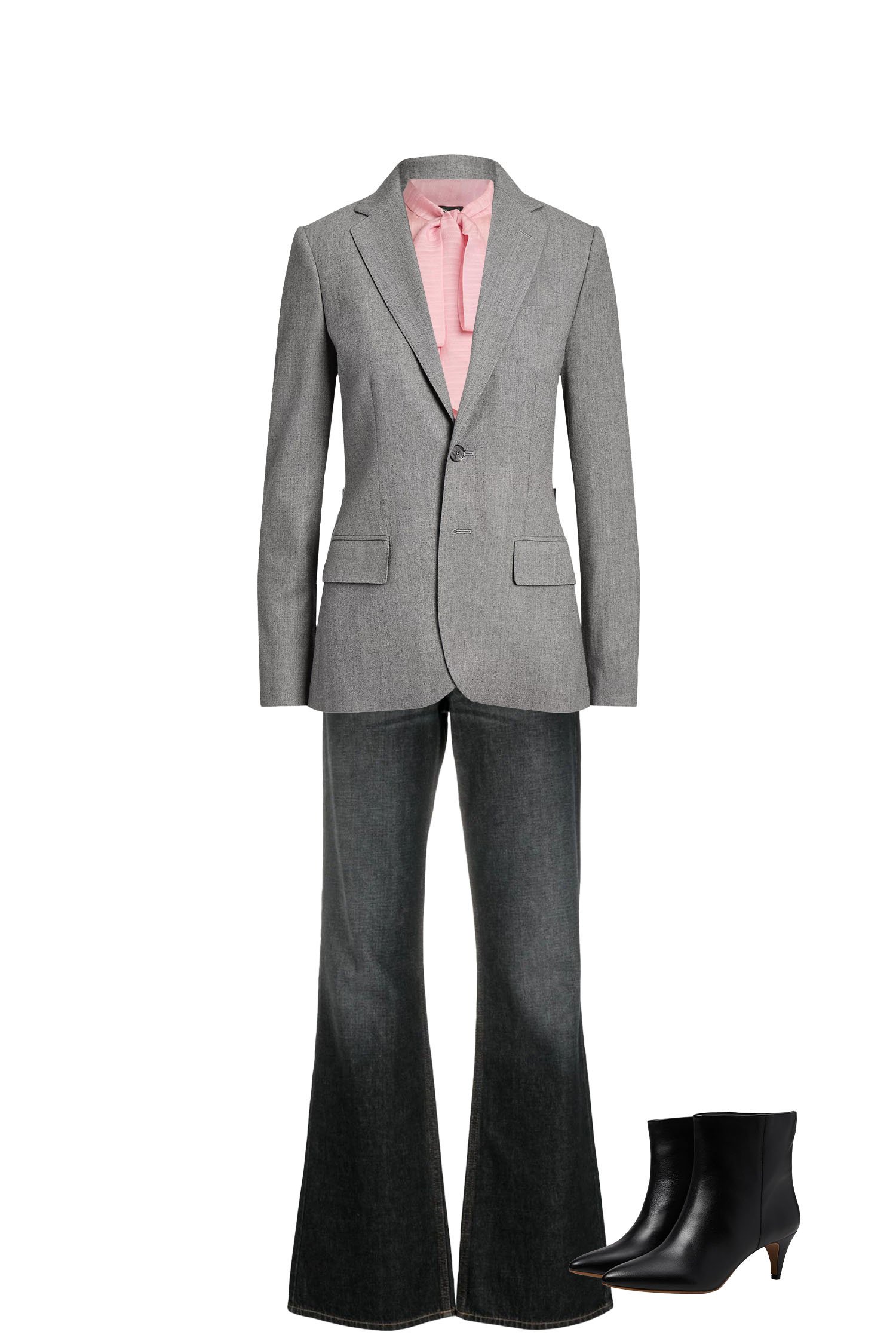 Spring Office Outfit - Faded Black Flare Jeans, Pink Pussy-Bow Blouse, Gray Blazer, Black Pointy Toe Ankle Boots