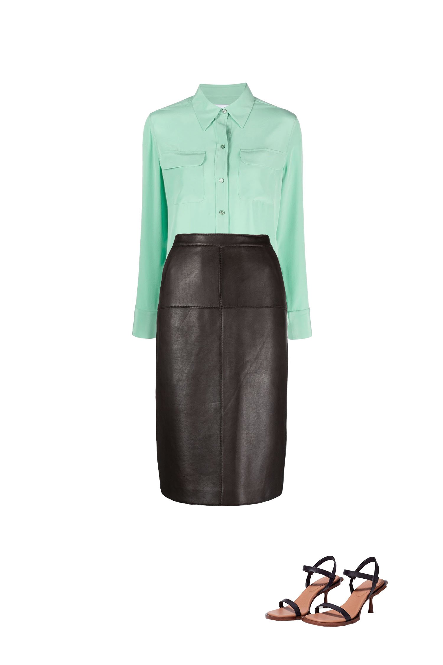 Black Leather Pencil Skirt Outfit with Mint Silk Shirt and Black Heeled Sandals