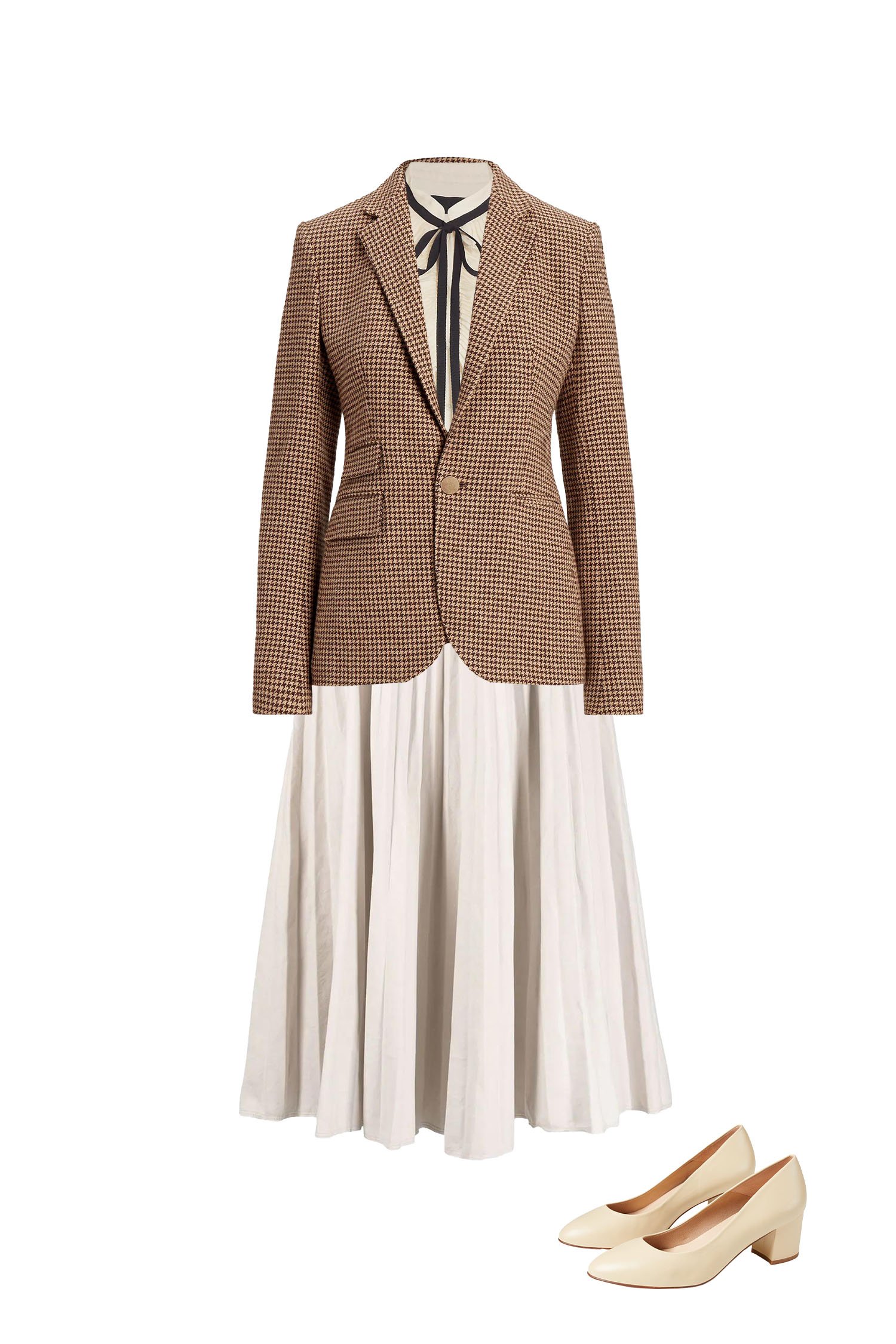 Business Casual Midi-Skirt Outfit - Beige Pleated Midi Skirt, Cream Ruffle and Black Bow Blouse, Camel Houndstooth Blazer, Cream Block Heel Pumps
