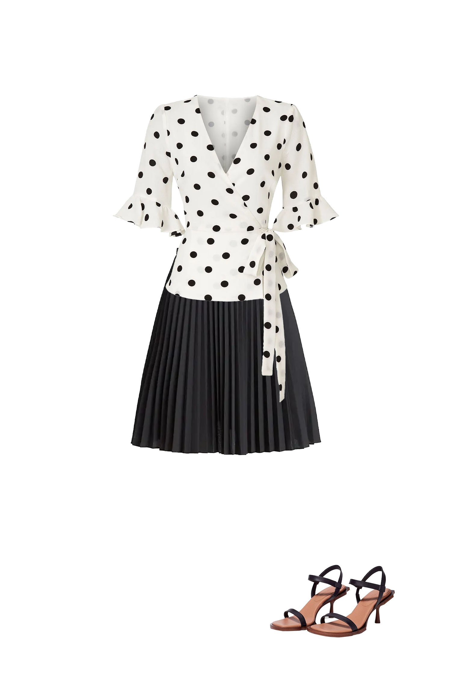 Black Pleated Short Skirt Outfit with White Polka Dot Wrap Top and Black Heeled Sandals