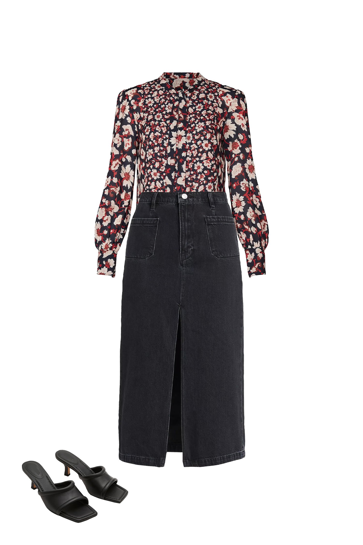 Black Denim Midi Skirt Outfit with Black and Red Floral Blouse, and Black Square Toe Kitten Heel Sandals