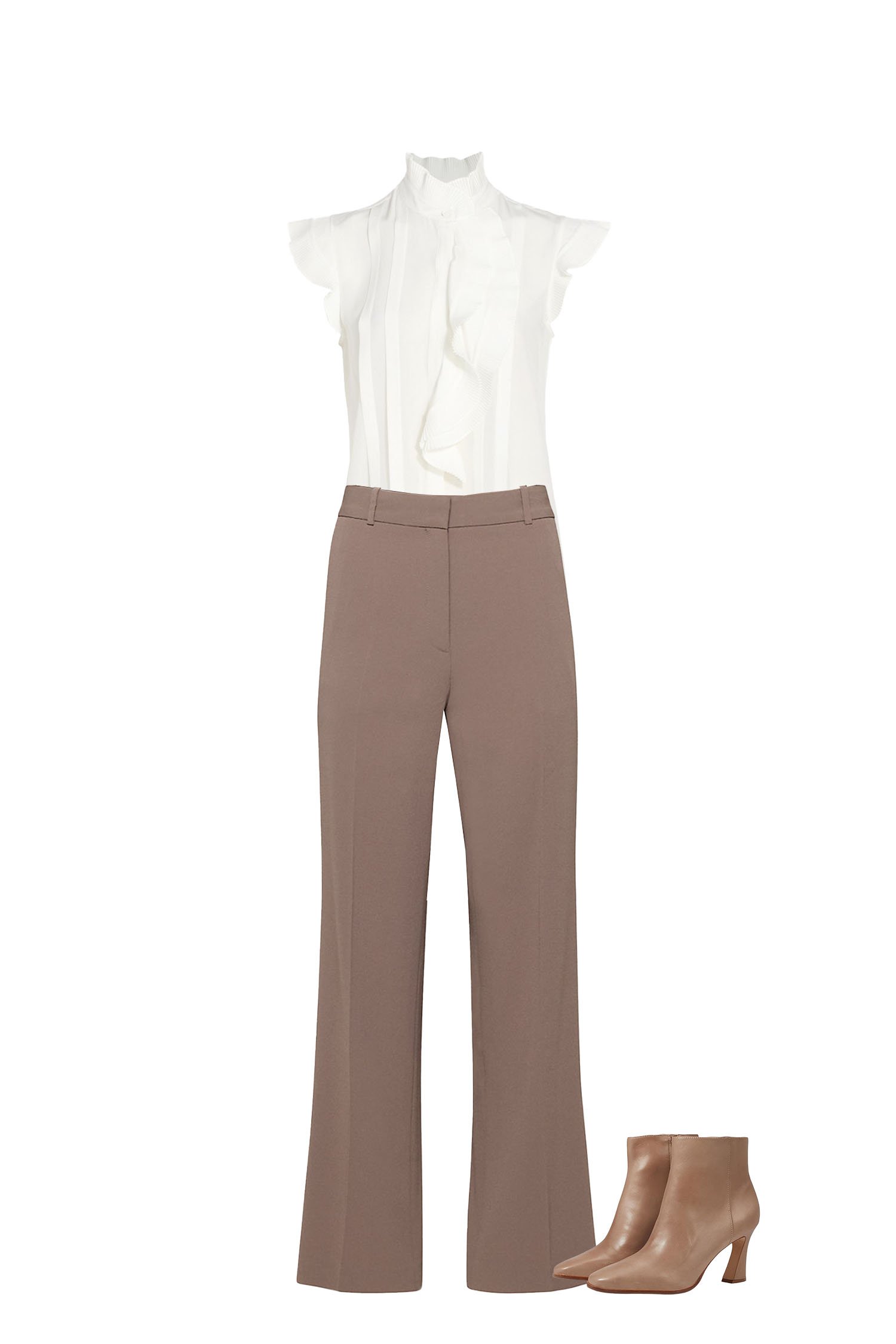 Business Casual Outfit - Deep Taupe High-Waisted Wide Leg Pants, White Sleevless Mock Neck Ruffle Top, Taupe Heeled Ankle Boots