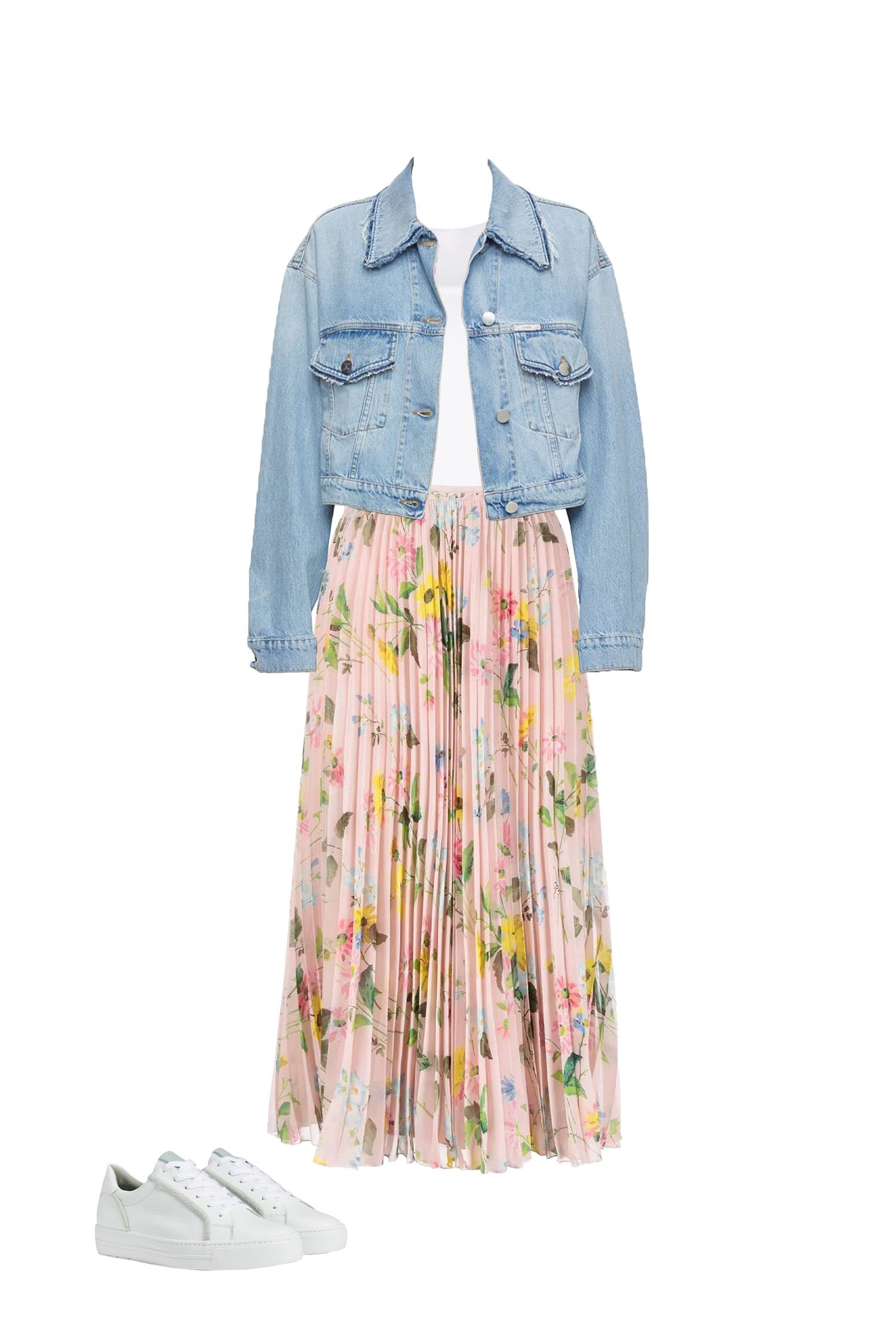 Pink Floral Pleated Skirt with White Tank Top and Light Blue Denim Jacket Outfit