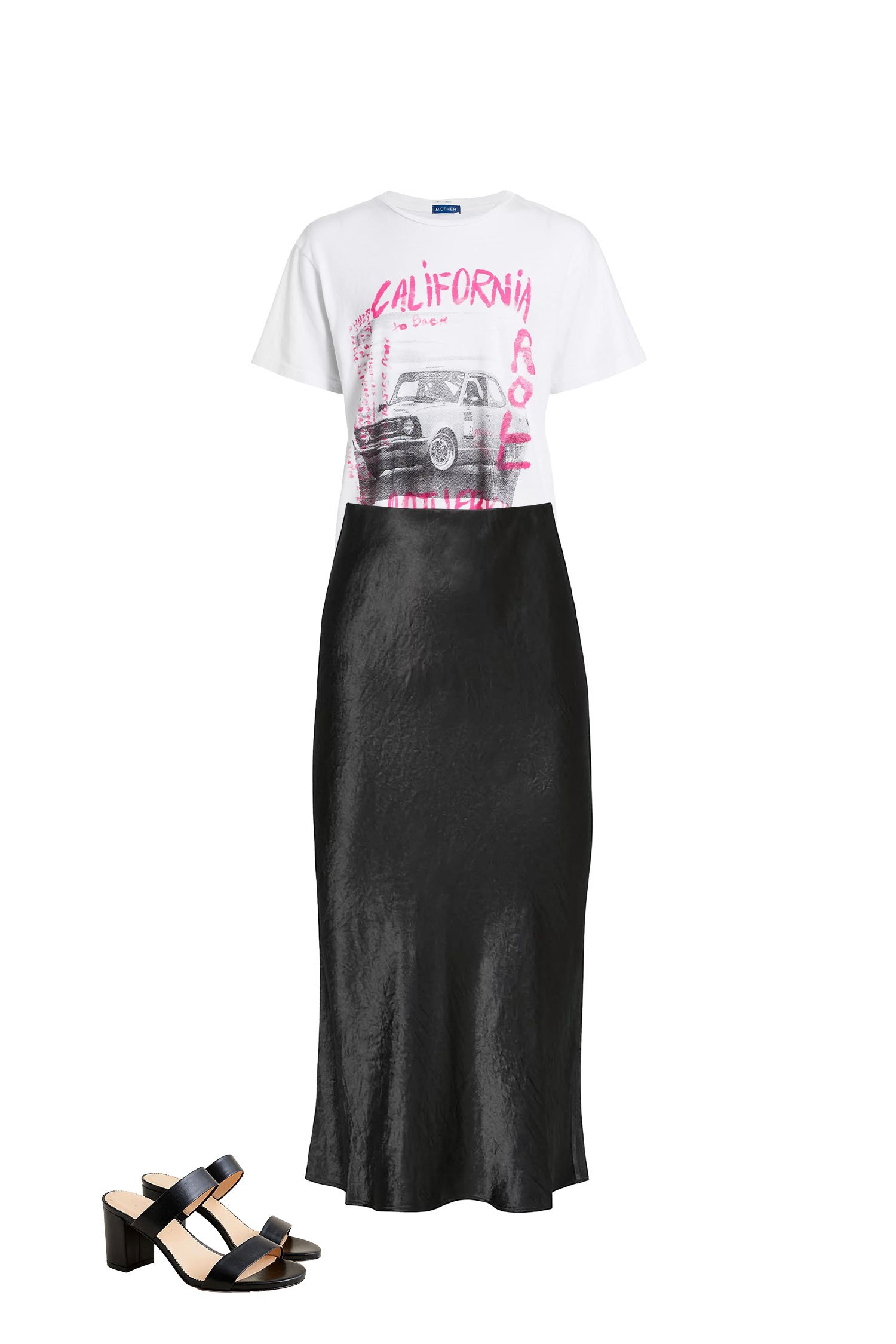 Black Satin Skirt Outfit with White Graphic T-Shirt, and Black Heeled Sandals