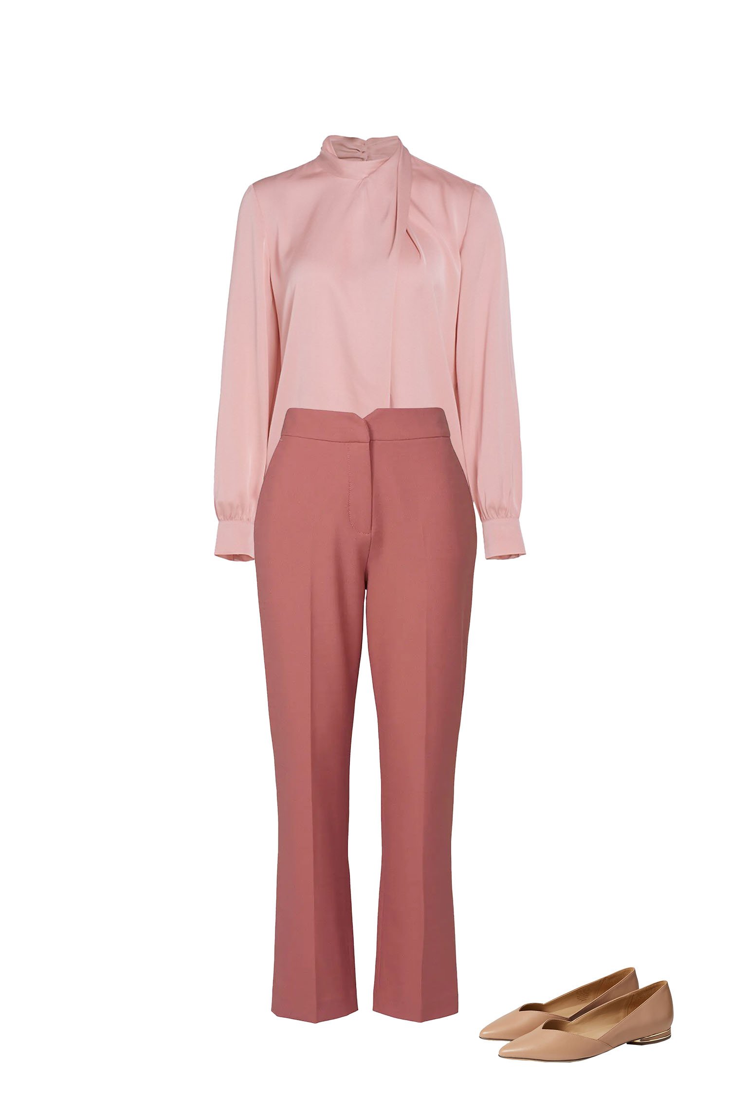 Spring Work Outfit - Rose Pink Ankle Pants, Pink Satin Blouse, Nude Pointy Toe Flats