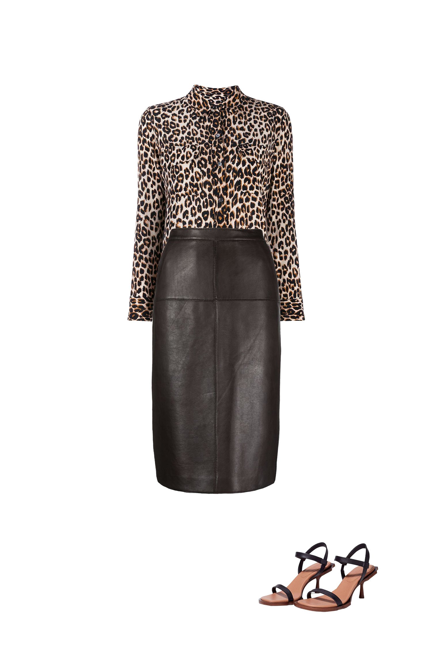 Black Leather Pencil Skirt Outfit with Leopard Print Shirt and Black Heeled Sandals