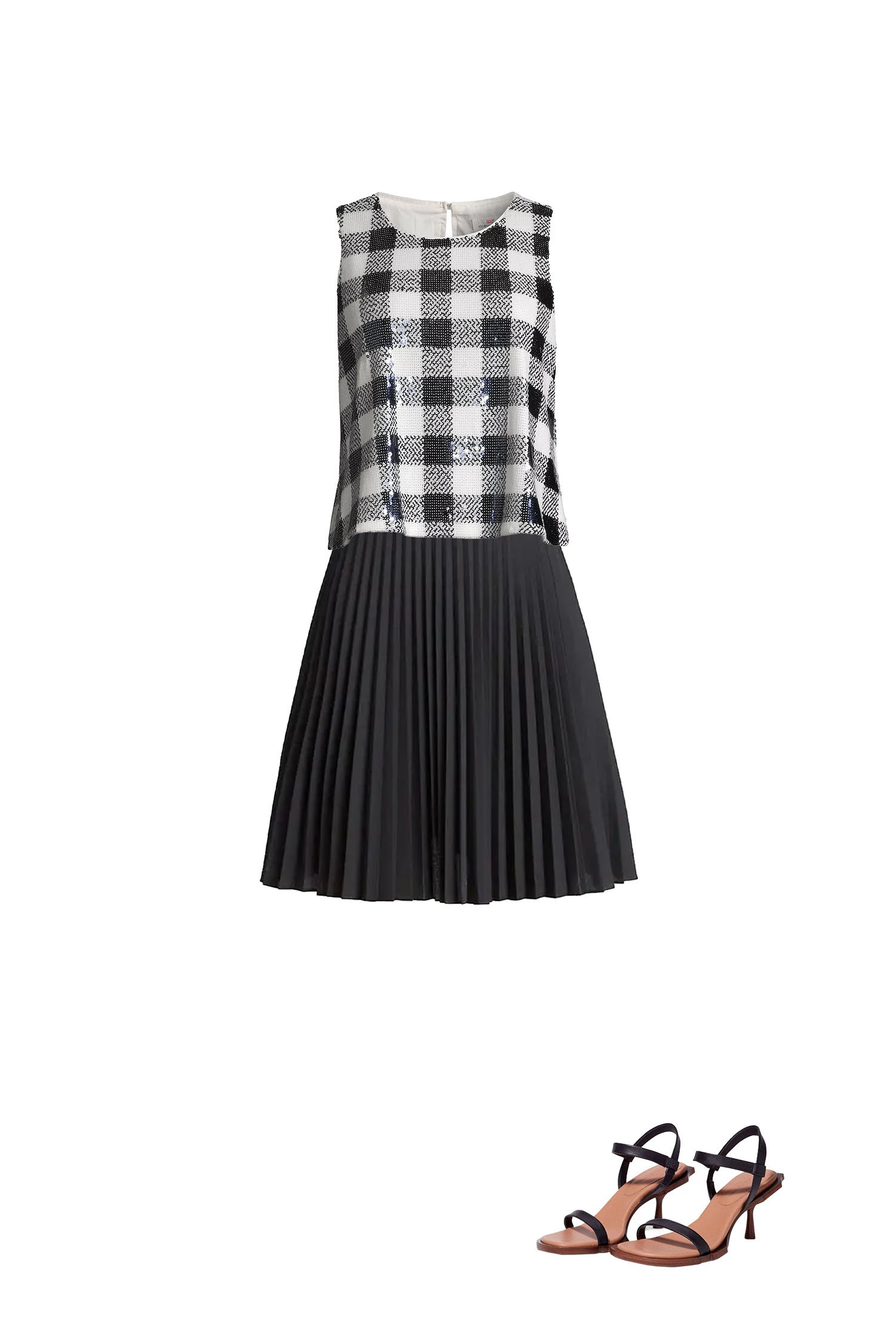 Black Pleated Short Skirt Outfit with White and Black Check Top and Black Heeled Sandals