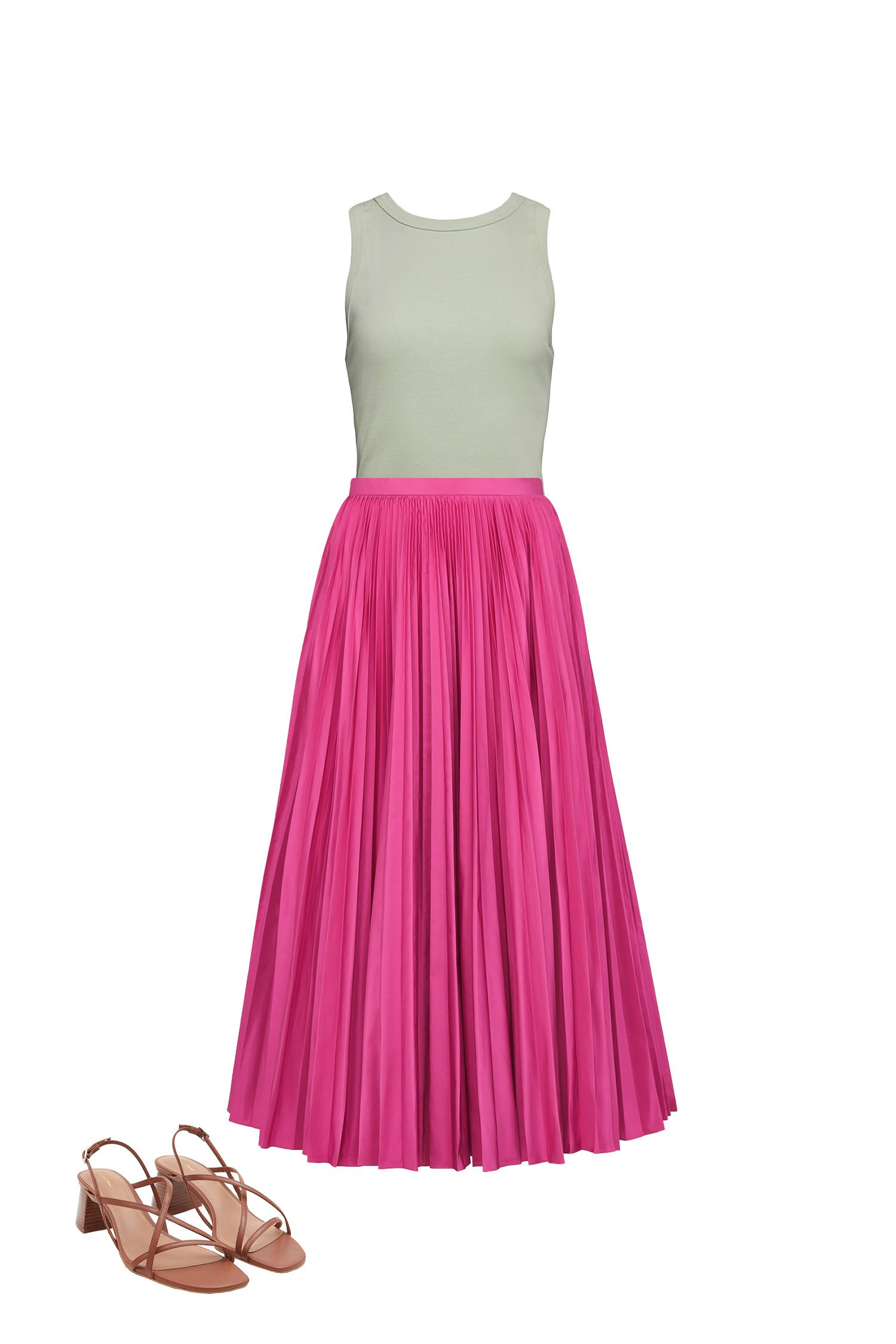 Hot Pink Pleated Skirt with Sage Green Tank Top Outfit
