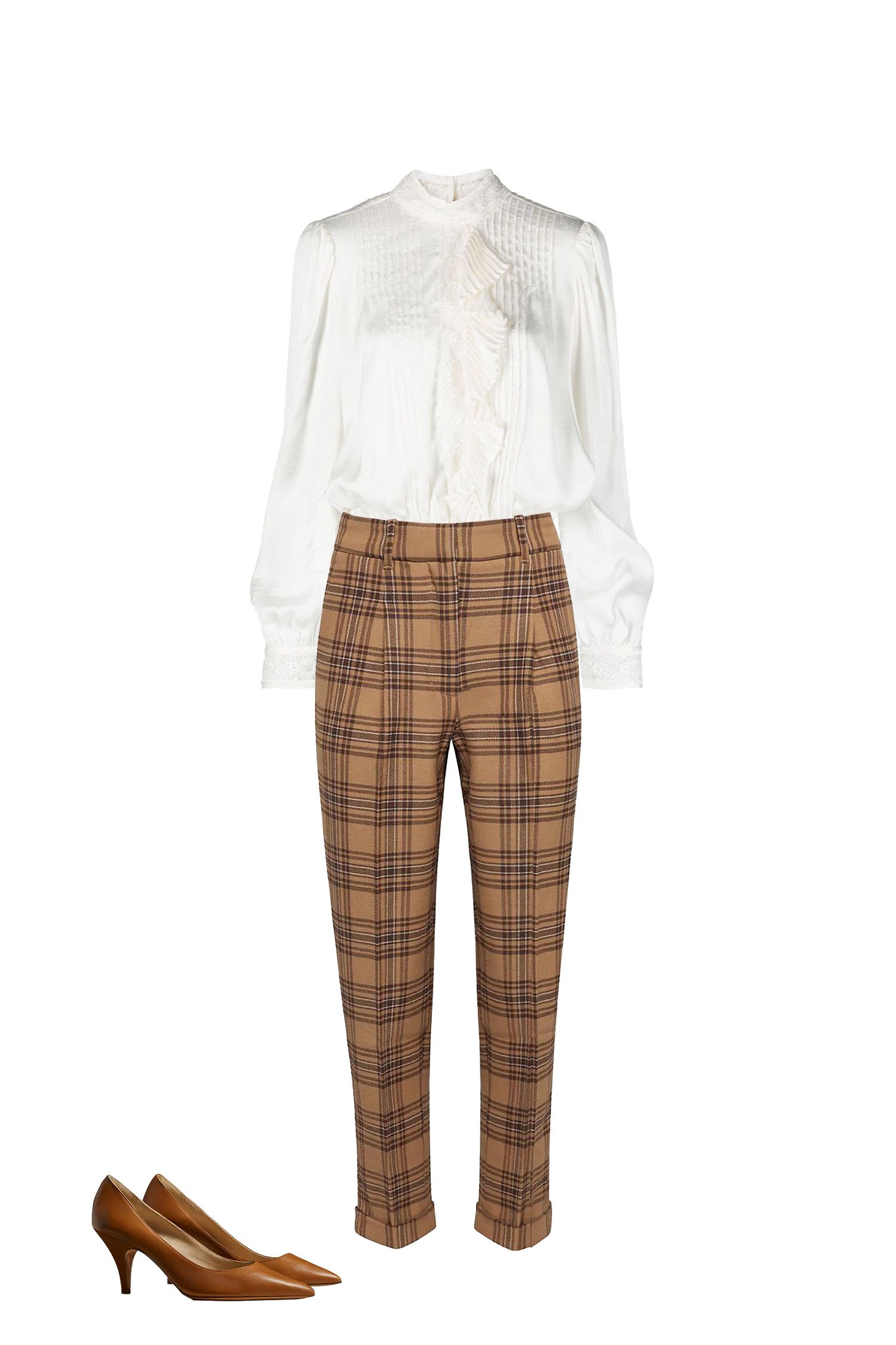 Business Casual Outfit - Camel Plaid Pants, Brown White Ruffle and Lace Blouse, Brown Pumps