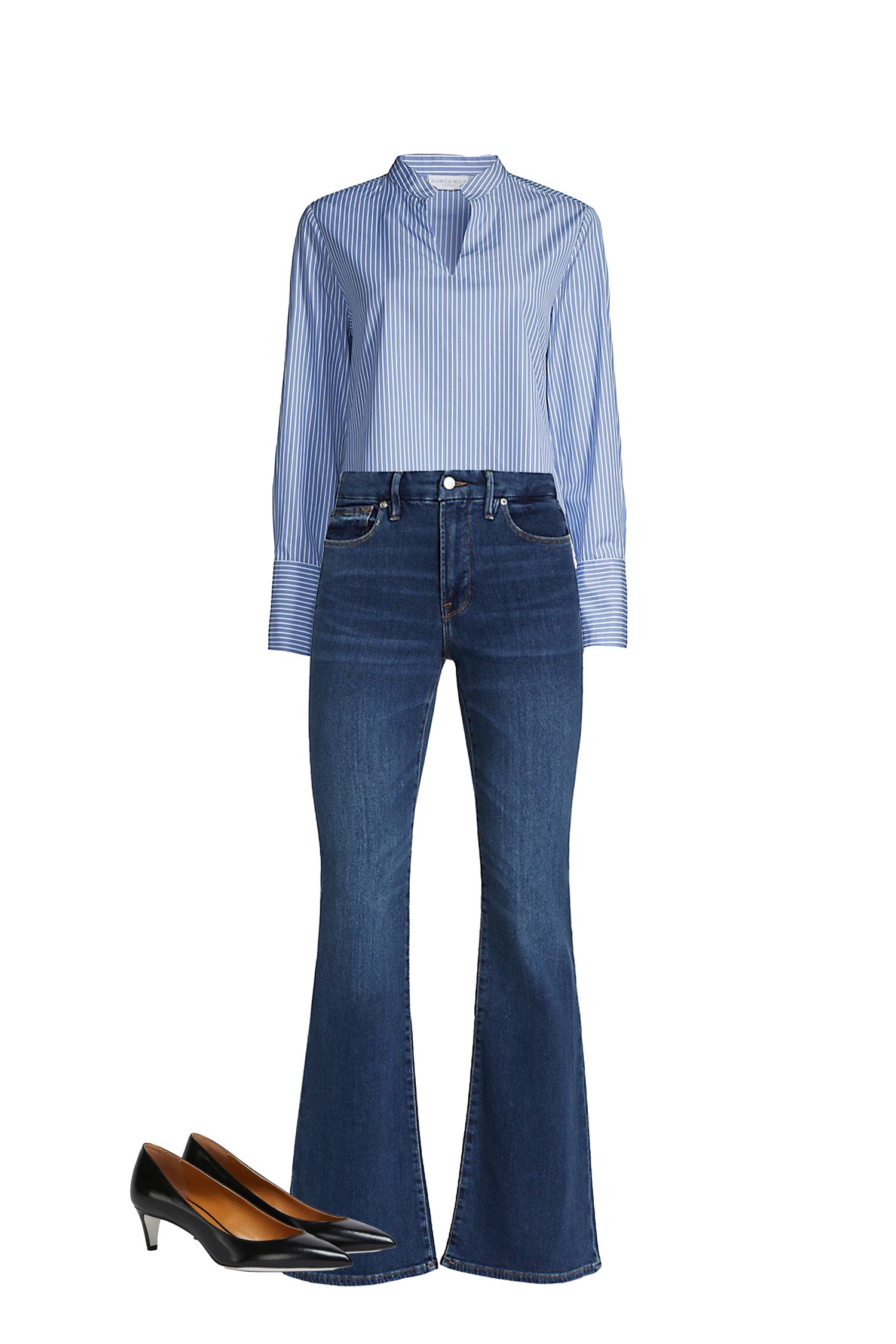 Pair a Classic Blue Flare Jeans with a Blue and White Vertical Stripe Shirt, and Black Pumps