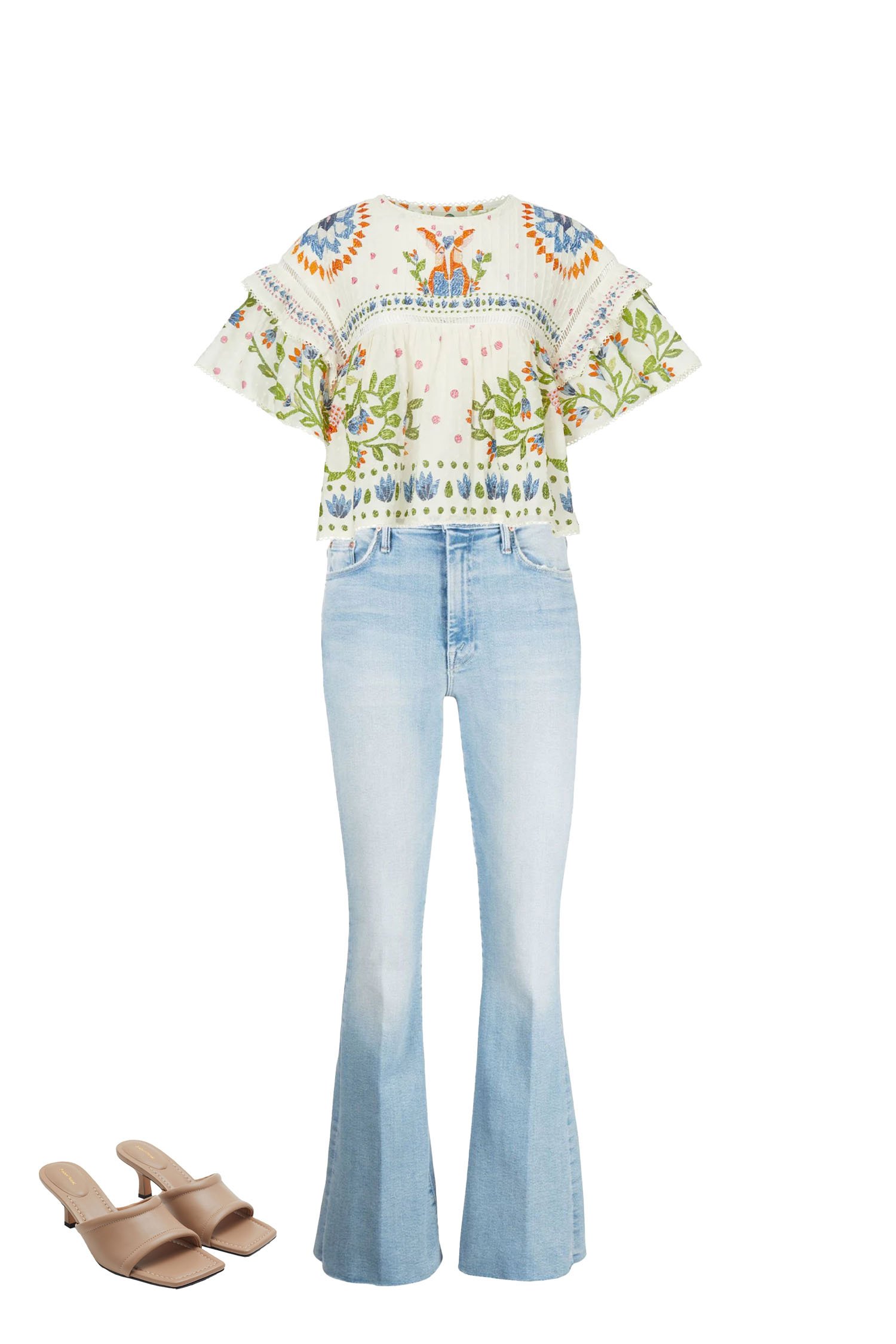 Pair Light Blue Flare Jeans with White Garden Print Crop Cotton Top, and Beige Square Toe Kitten Heel Sandals
