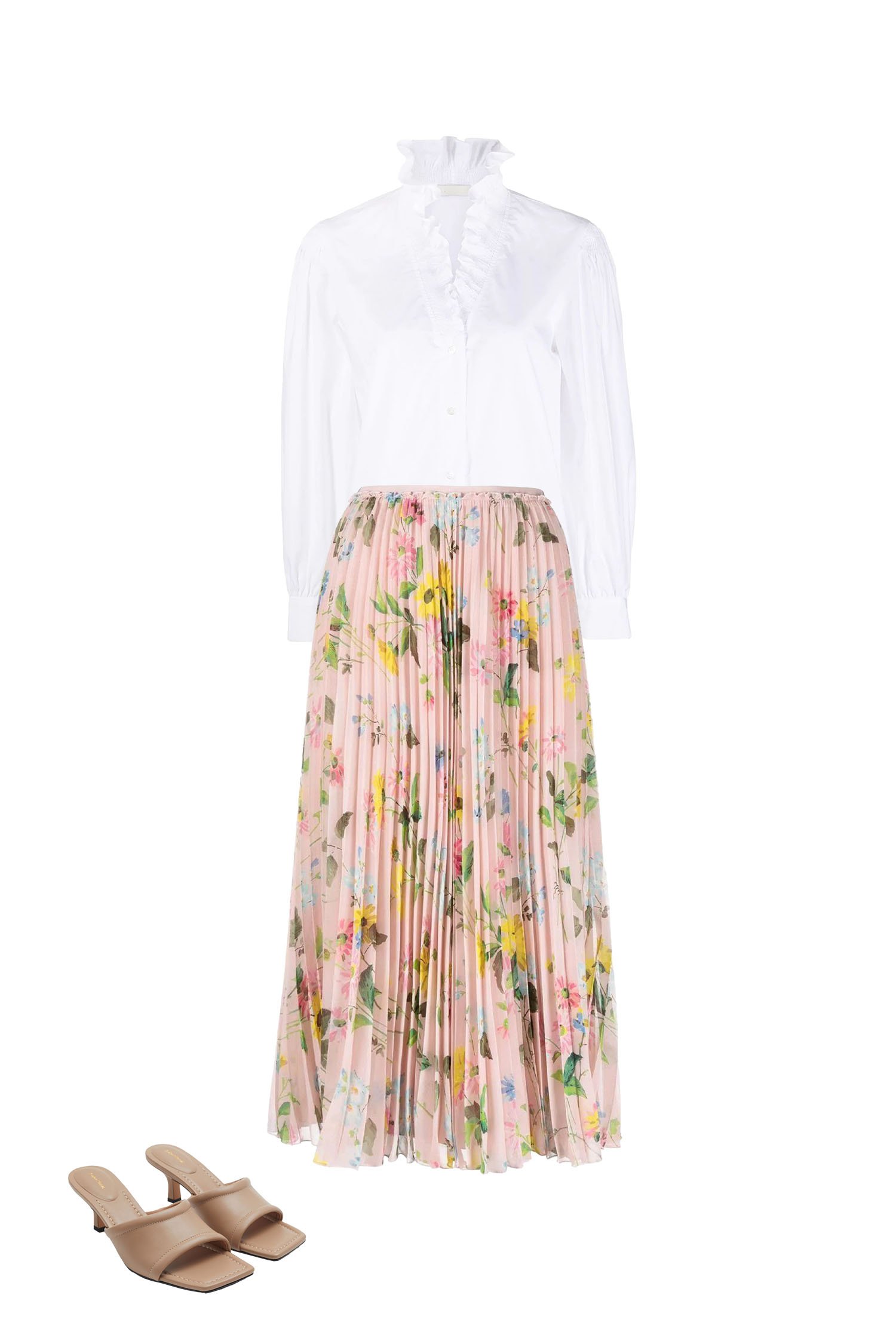 Pink Floral Pleated Skirt with White Ruffle Neck and Blouse Beige Square Toe Heeled Sandals