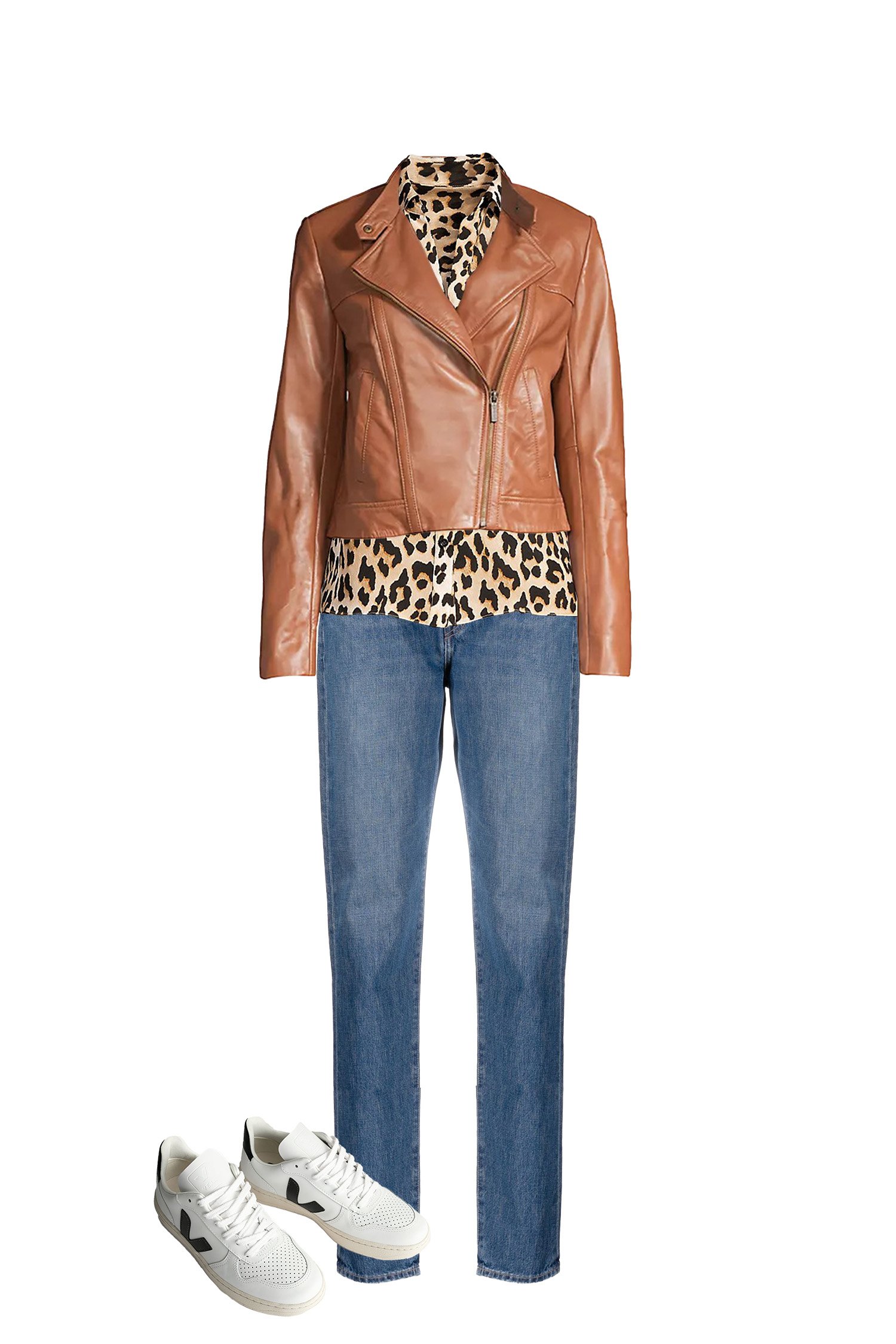 Mom Jeans - Leopard Shirt - Camel Leather Jacket - White Sneakers