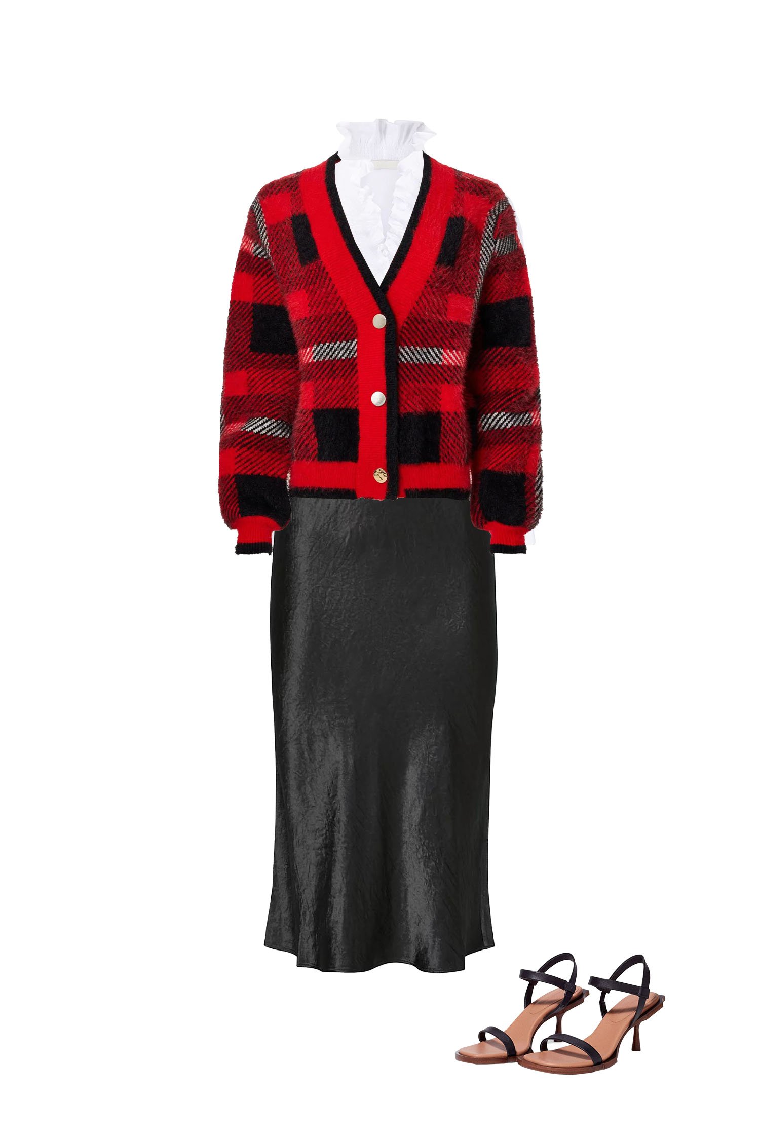 Black Satin Skirt Outfit with White Ruffle Neck Blouse, Black and Red Plaid Cardigan, and Black Heeled Sandals