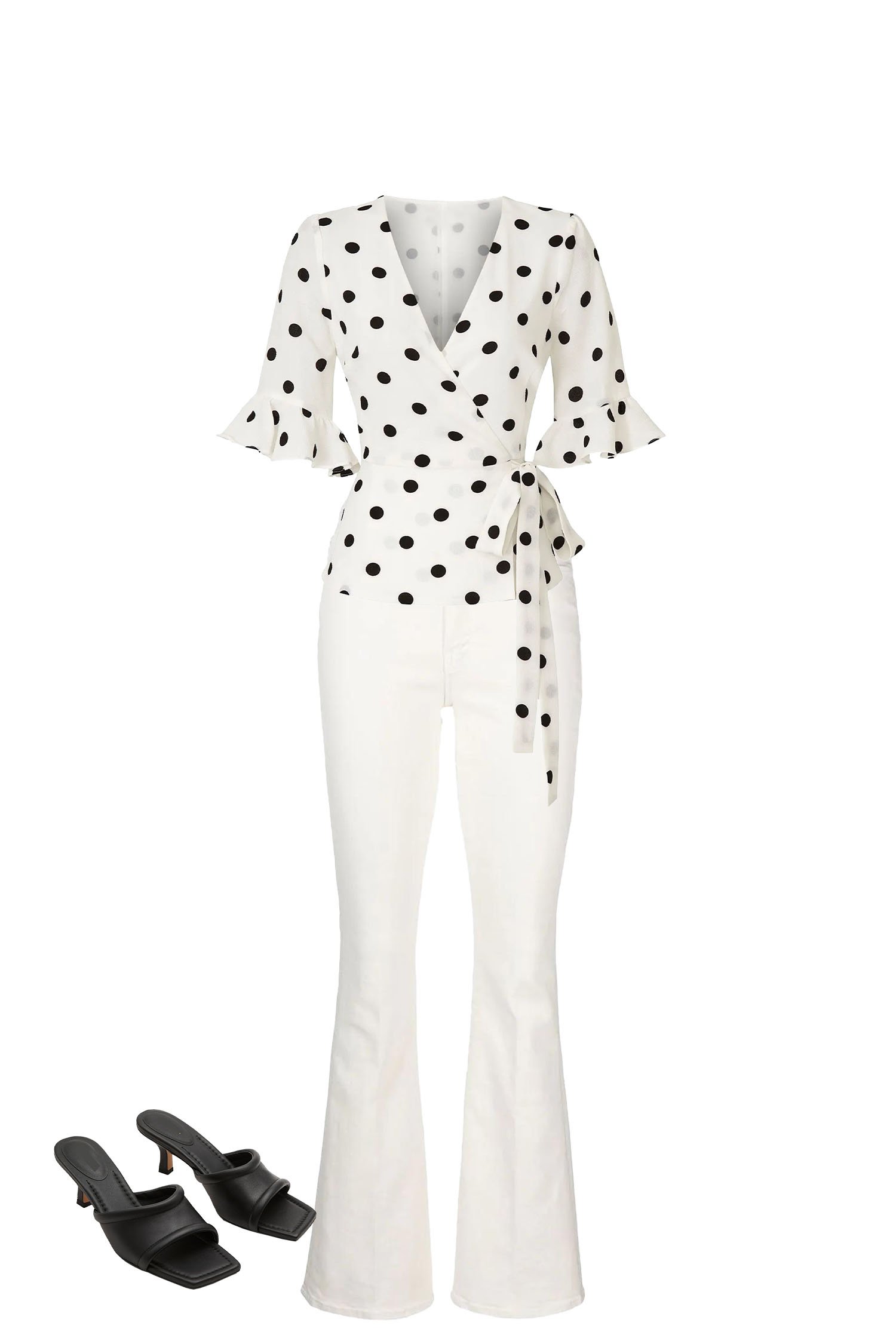 White High Waisted Flare Jeans Outfit with White Polka Dot Wrap Top Black Square Toe Kitten Heel Sandals