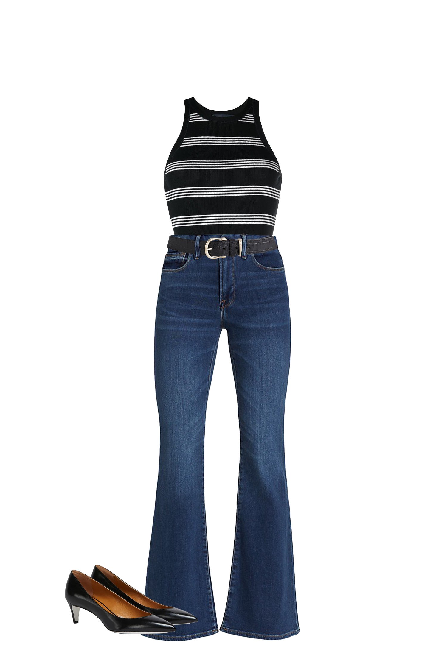 Pair a Classic Blue Flare Jeans with a Navy Stripe Tank Top, and Black Pumps