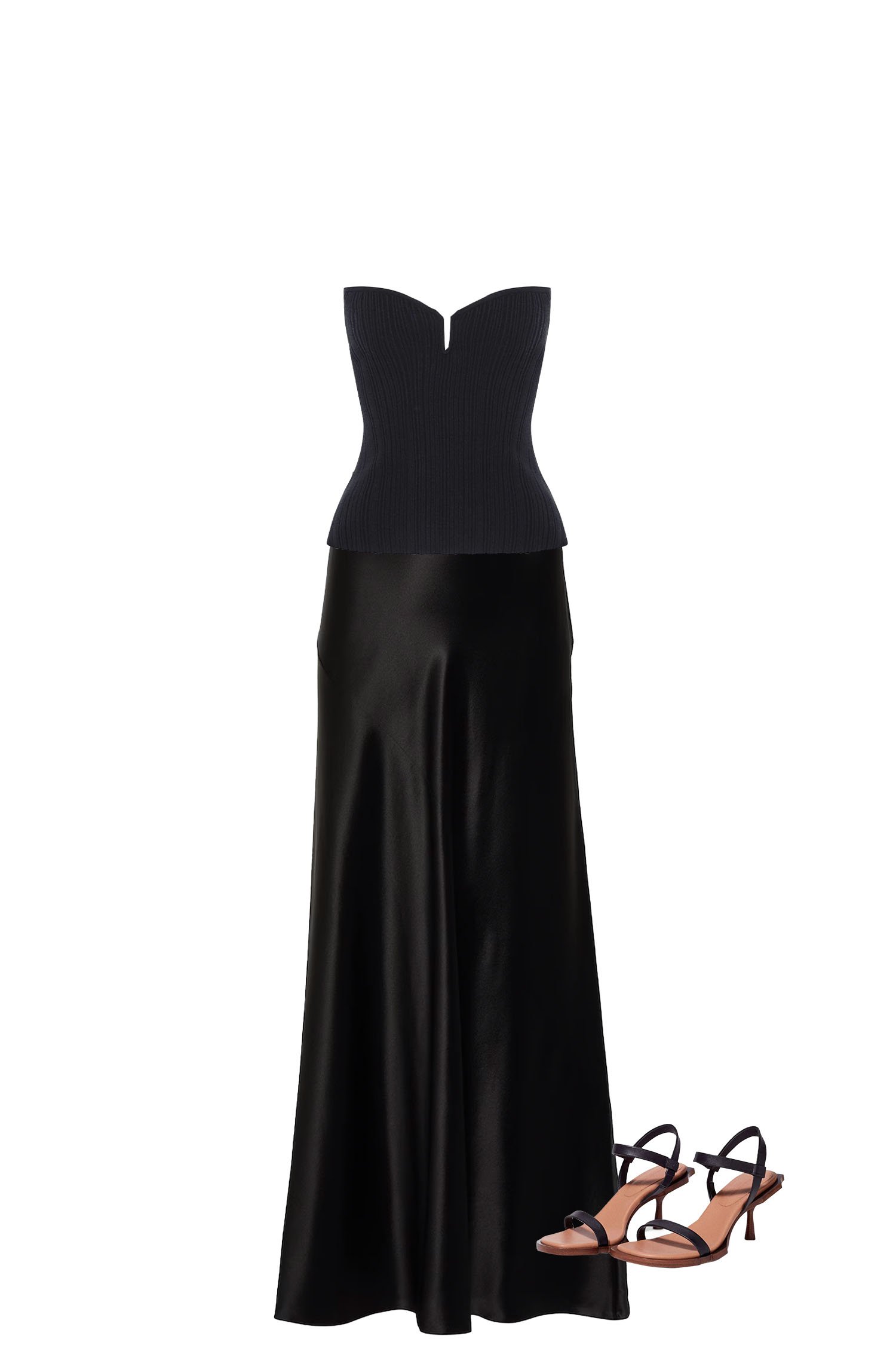 Black Satin Maxi Skirt Outfit with Black Sweetheart Neckline Strapless Top and Black Heeled Sandals