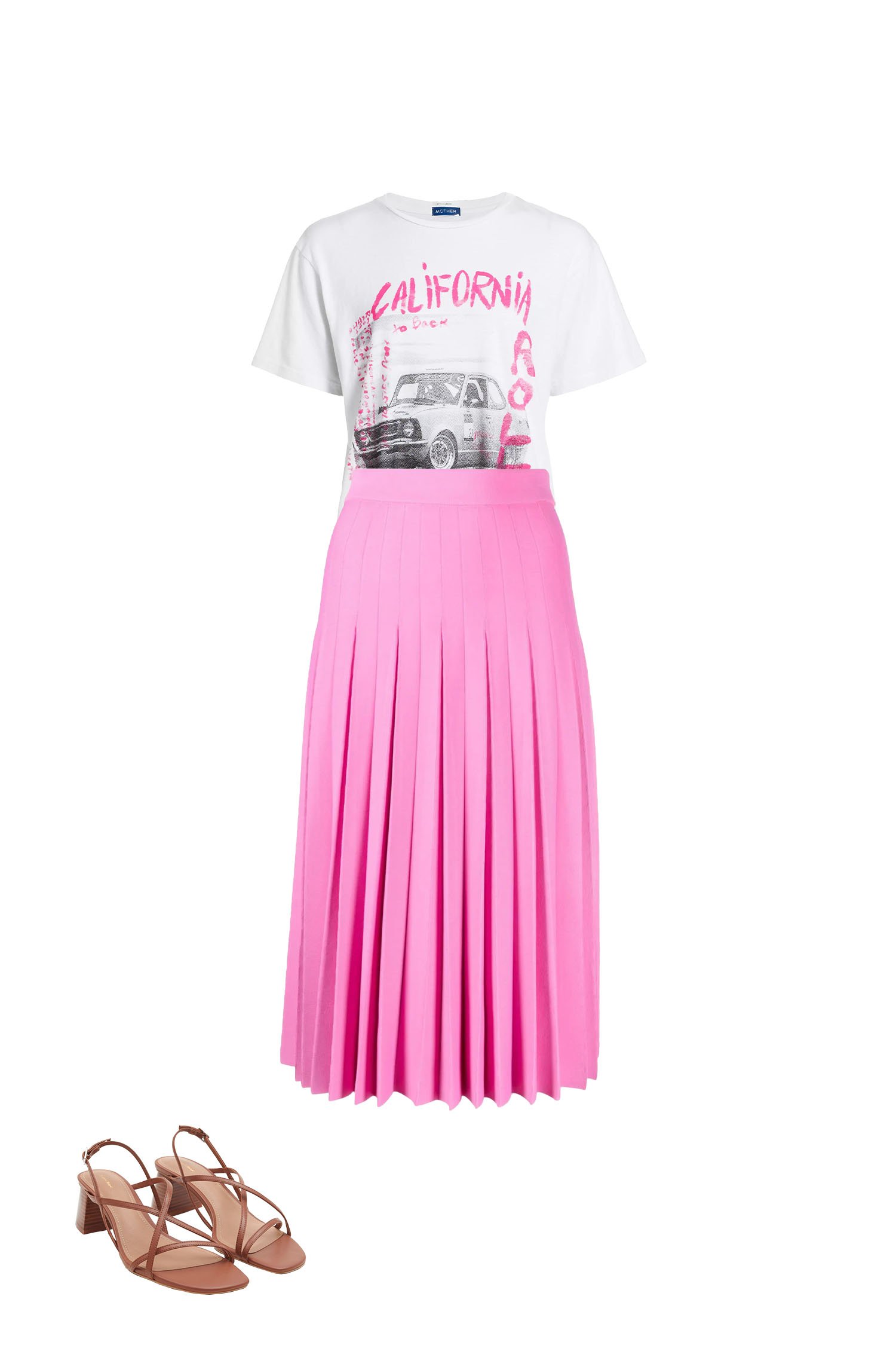 Bubblegum Pink Pleated Skirt with Graphic Print T-shirt and Brown Strappy Sandals