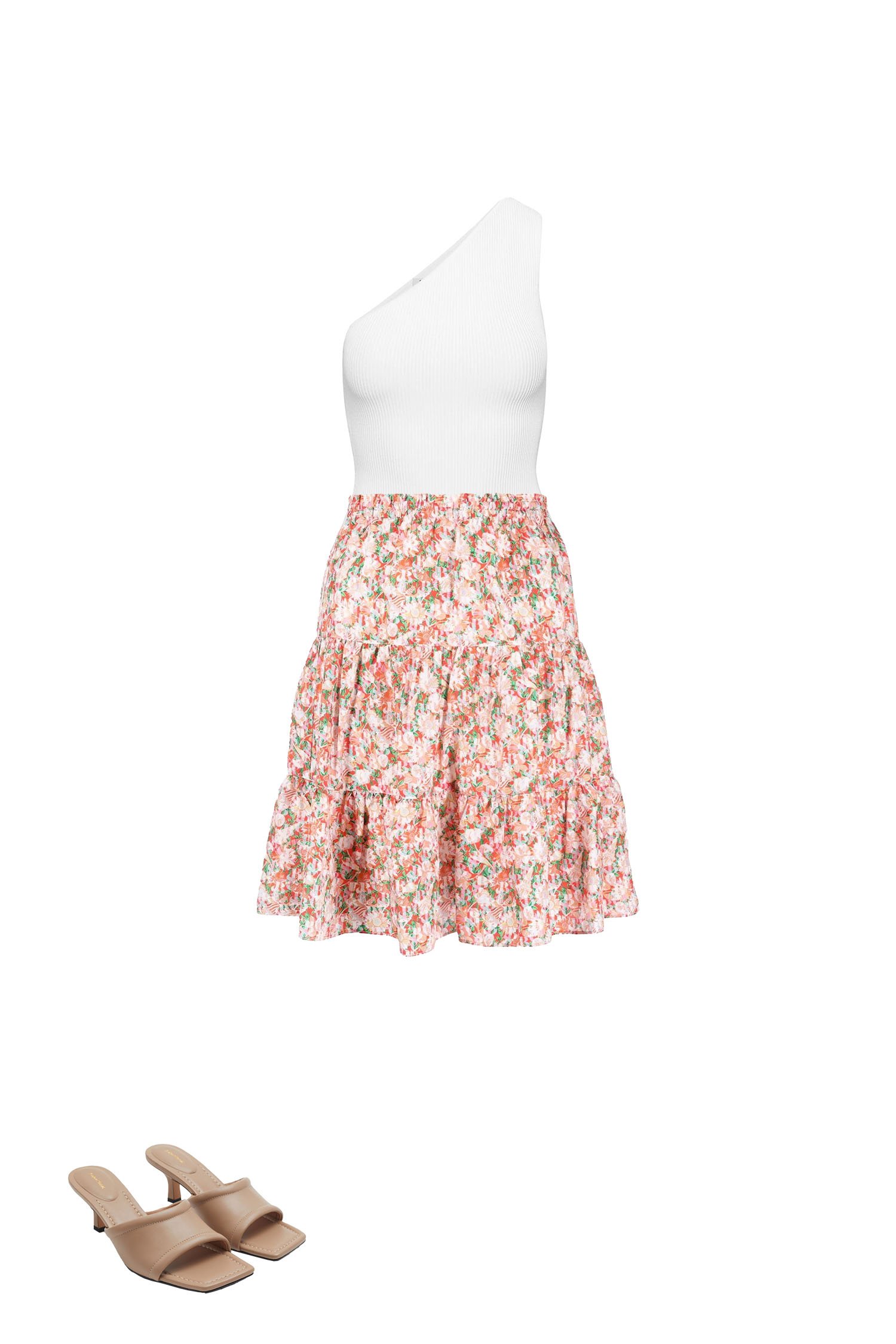 Pink Floral Print Skirt with White One Shoulder Top and Beige Square Toe Heeled Sandals