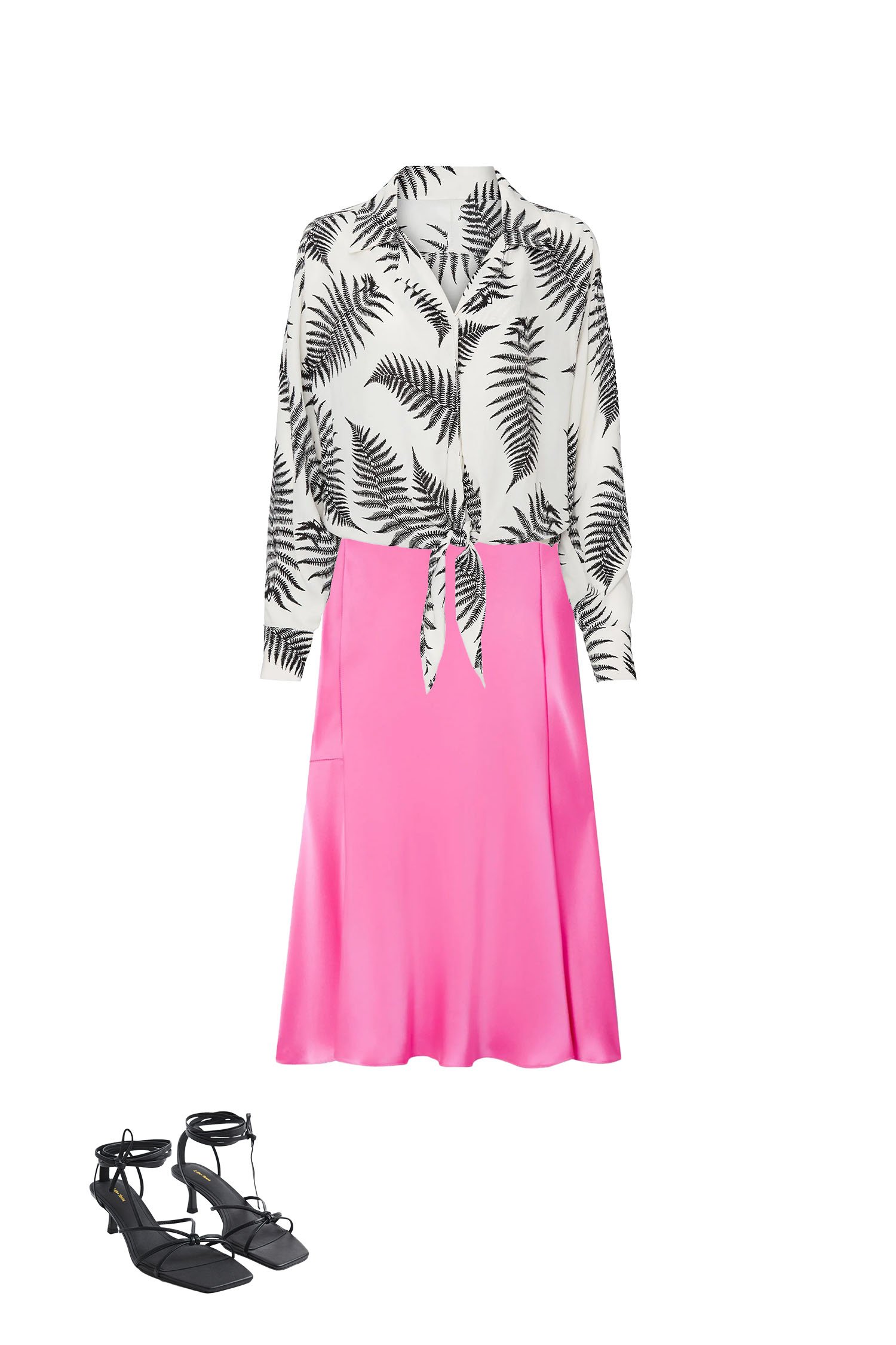 Hot Pink Satin Skirt with Black Leaf Print Tie Front Shirt and Black Strappy Sandals