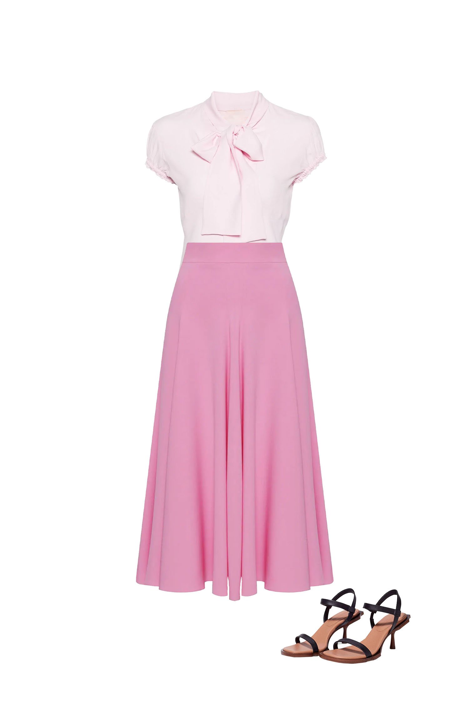 Light Pink Short Sleeve Pussy-Bow Top and Bubblegum Pink Circle Skirt Outfit