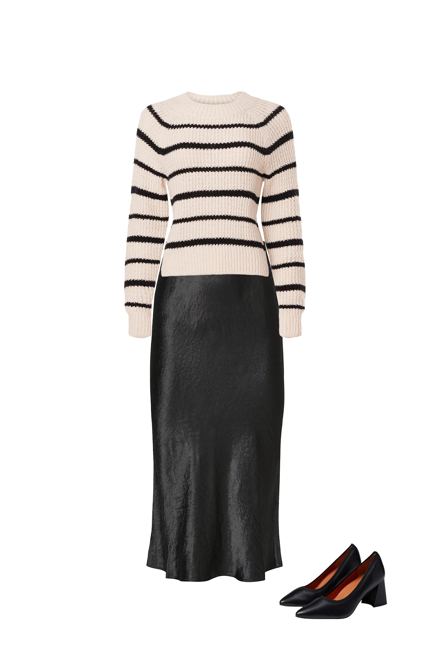 Black Satin Skirt Outfit with Cream Black Stripe Ribbed Sweater, and Black Block Heel Pumps