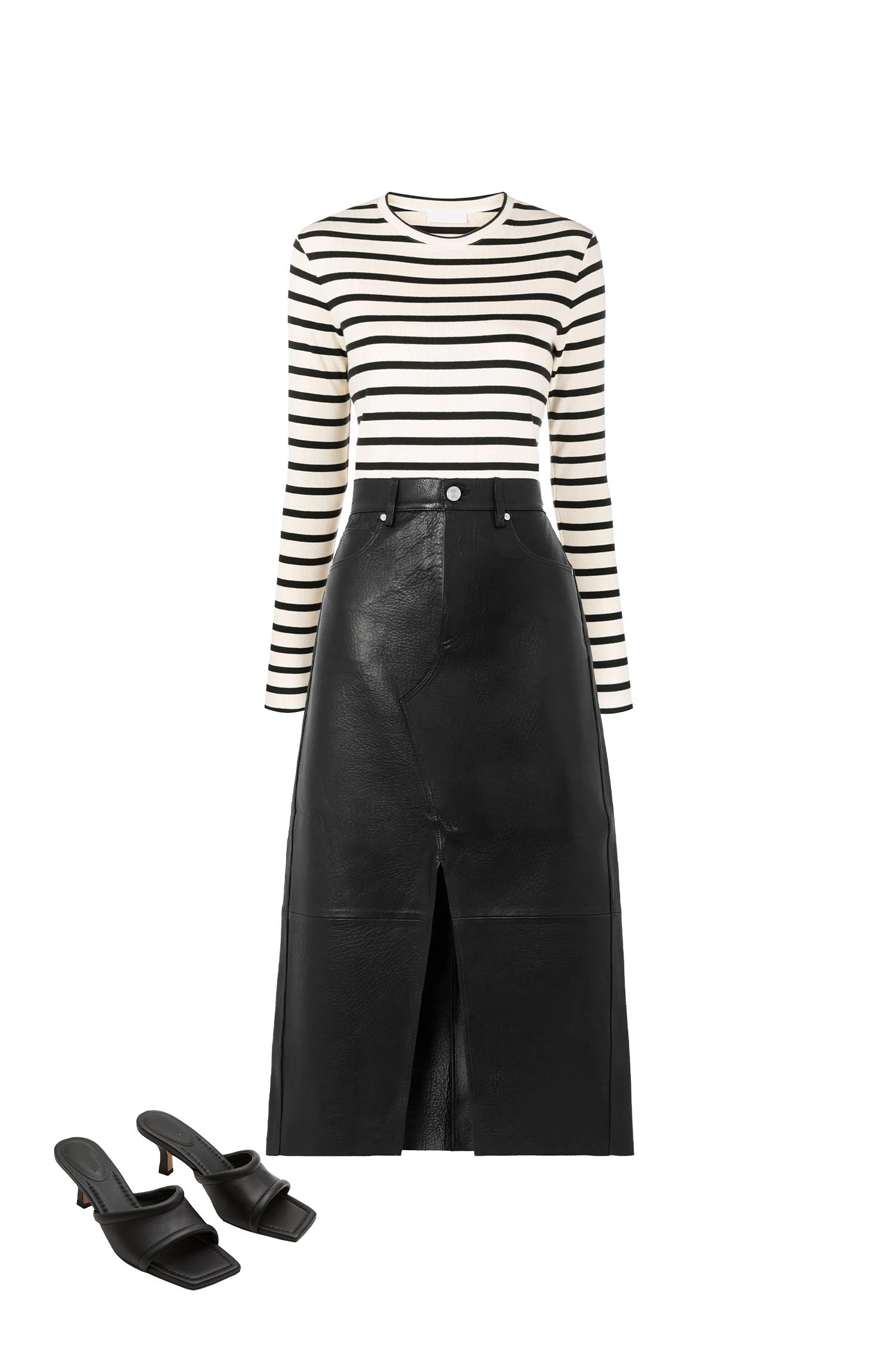 Black Leather Midi Skirt Outfit with Cream and Black Stripe T-shirt and Black Square Toe Kitten Heel Sandals