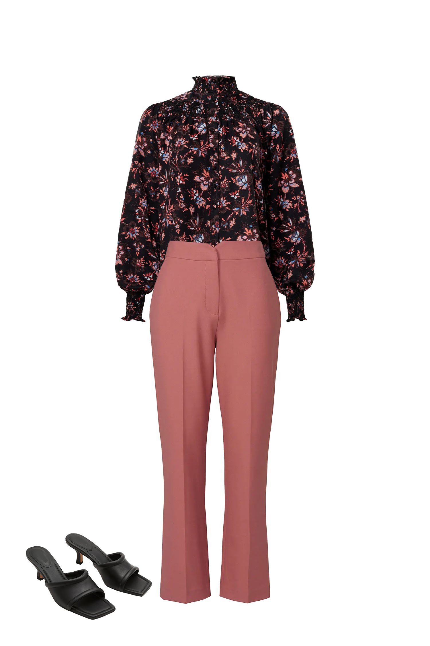 Spring Work Outfit - Rose Pink Ankle Pants, Black Floral Print Smock Neck Blouse, Square Toe Kitten Heel Sandals