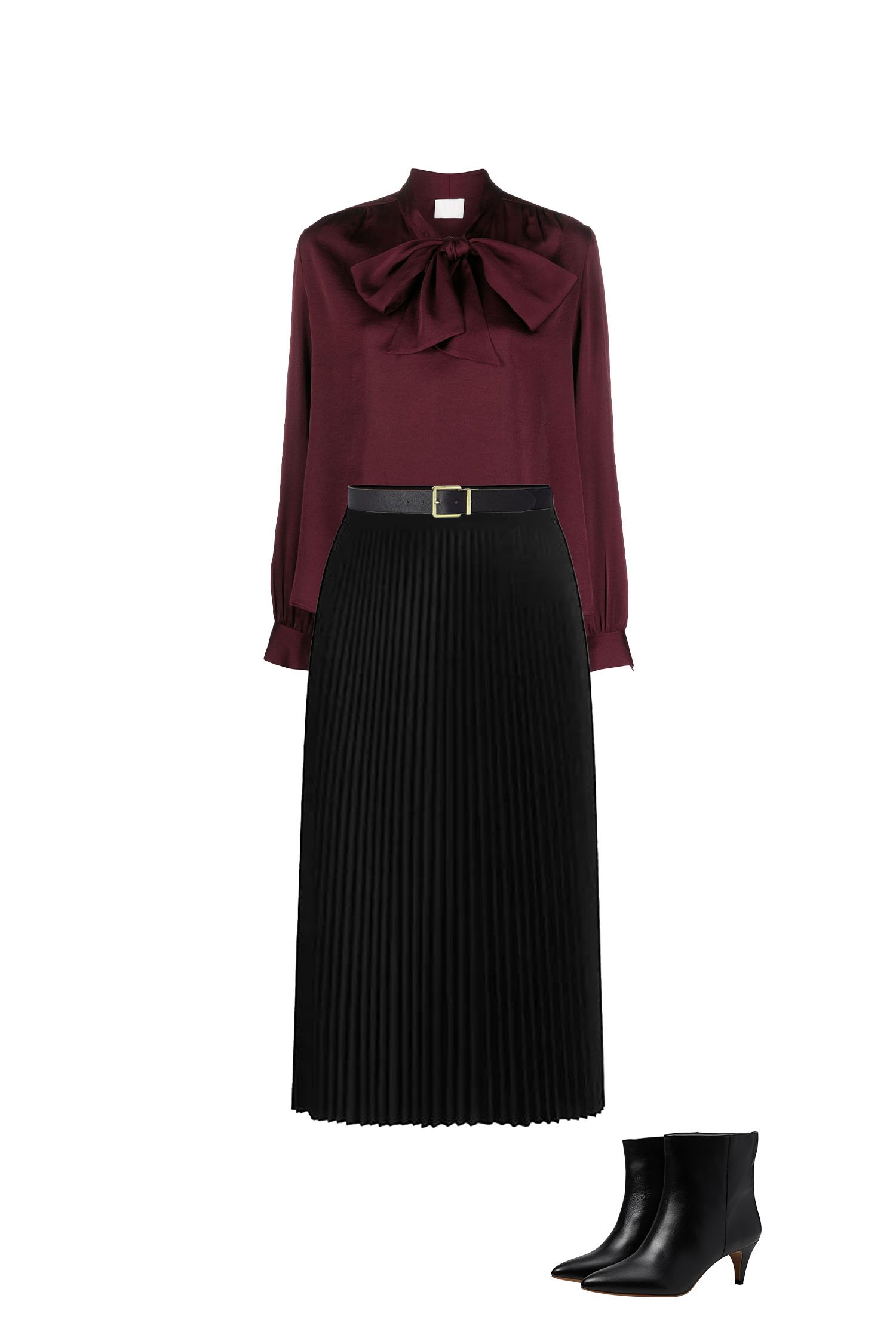 Business Casual Midi-Skirt Outfit - Black Pleated Skirt, Berry Silk Pussy-Bow Blouse, Black Ankle Boots