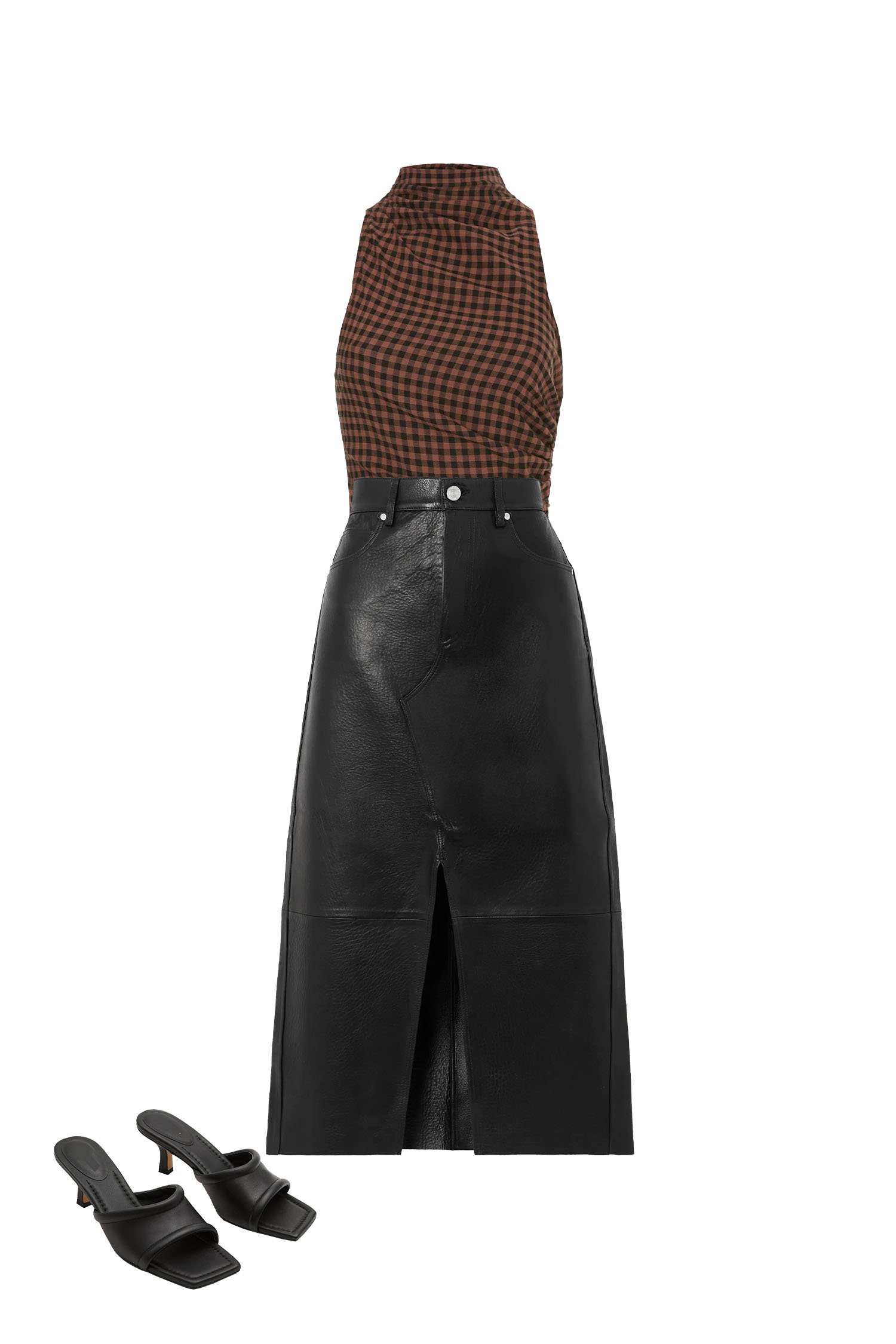 Black Leather Midi Skirt Outfit with Brown Check Print Sleeveless Top and Black Square Toe Kitten Heel Sandals