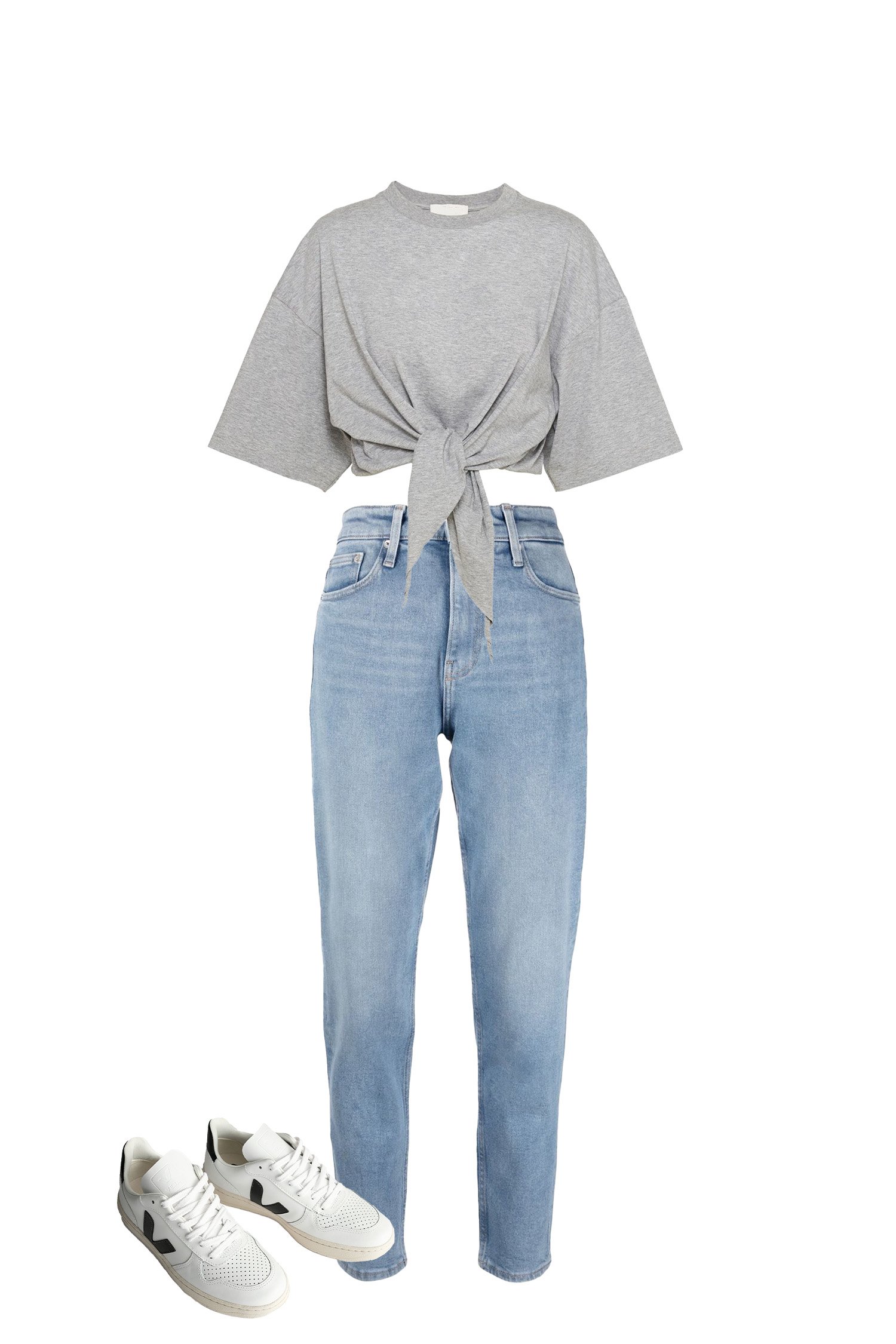 High Waisted Light Wash Mom Jeans - Gray Tie Front T-shirt - White Sneakers
