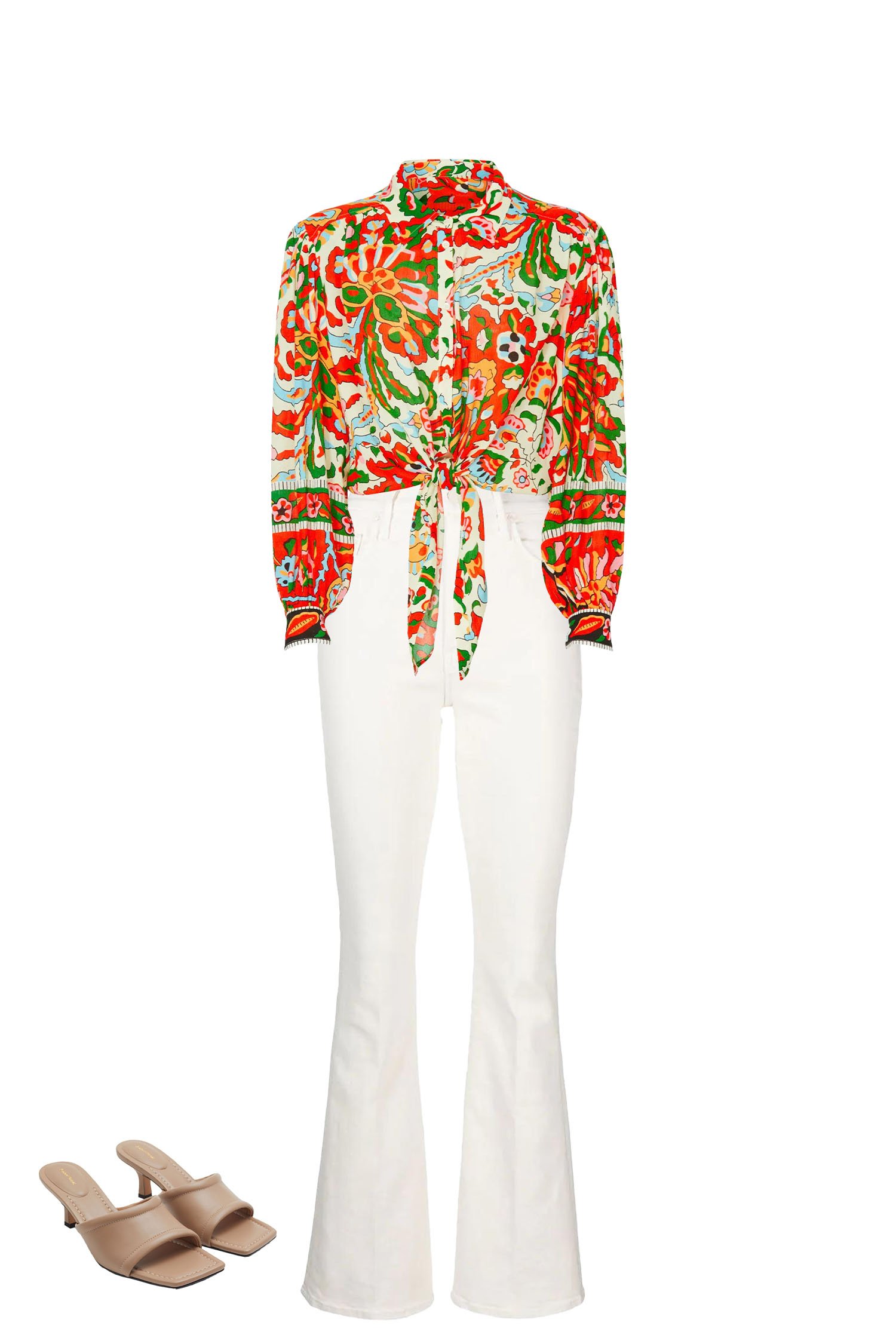 White High Waisted Flare Jeans Outfit with Red Multi-print Tie-Front Shirt and Beige Kitten Heel Sandals