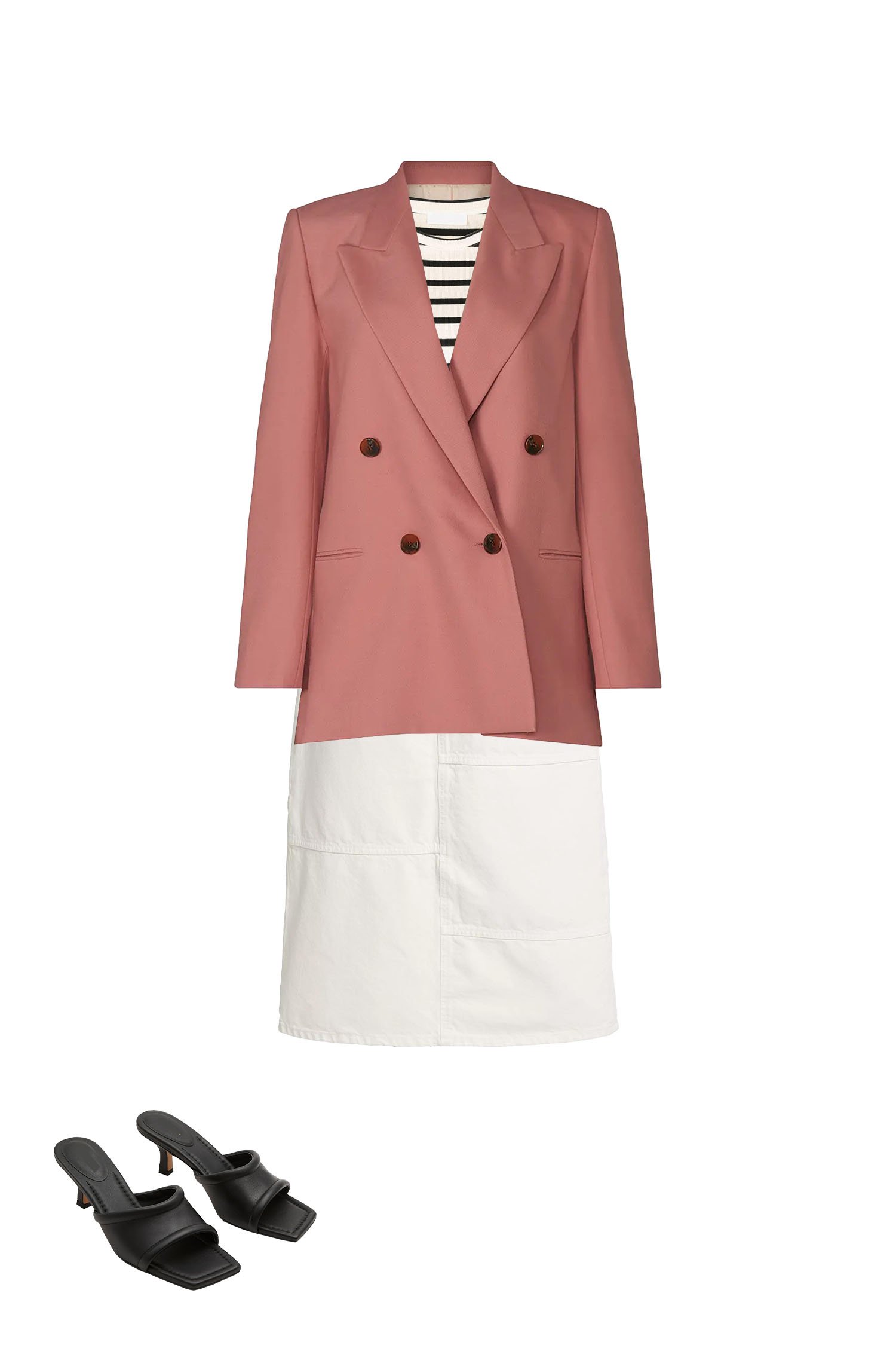 White Jeans A-Line Skirt with Cream and Black Stripe T-shirt, Rose Pink Blazer and Black Square Toe Kitten Heel Sandals
