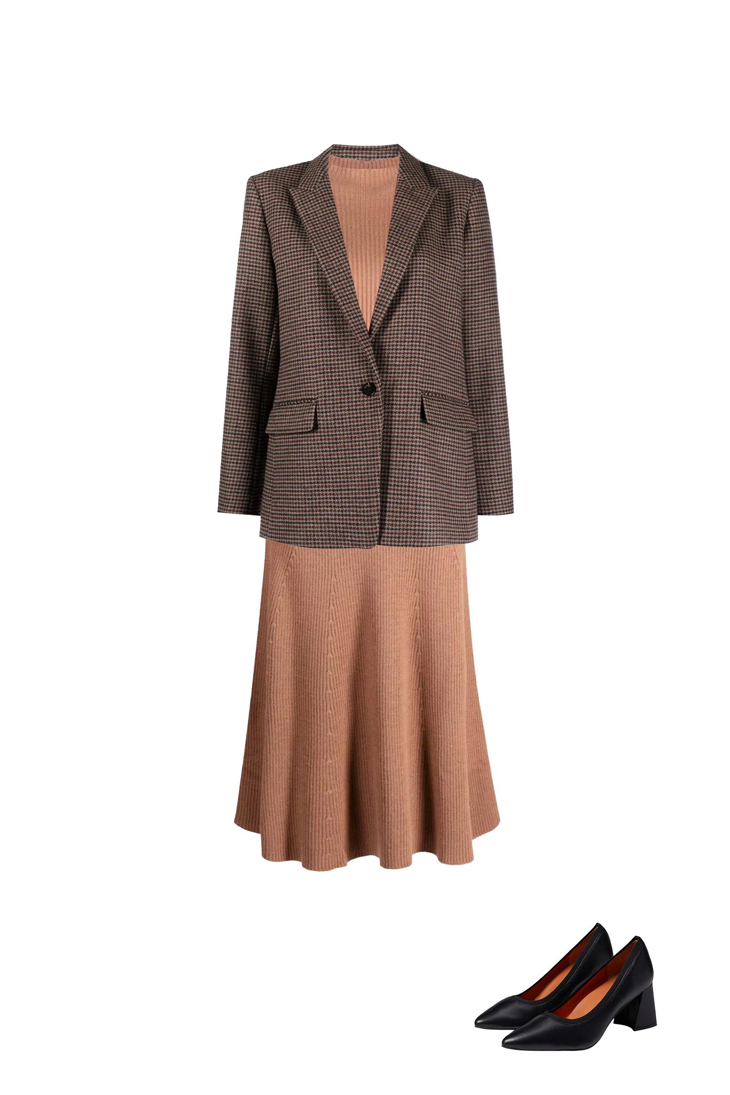 Business Casual Outfit - Camel Ribbed Knitted Midi Dress, Brown Houndstooth Blazer, Black Block Heel Pumps