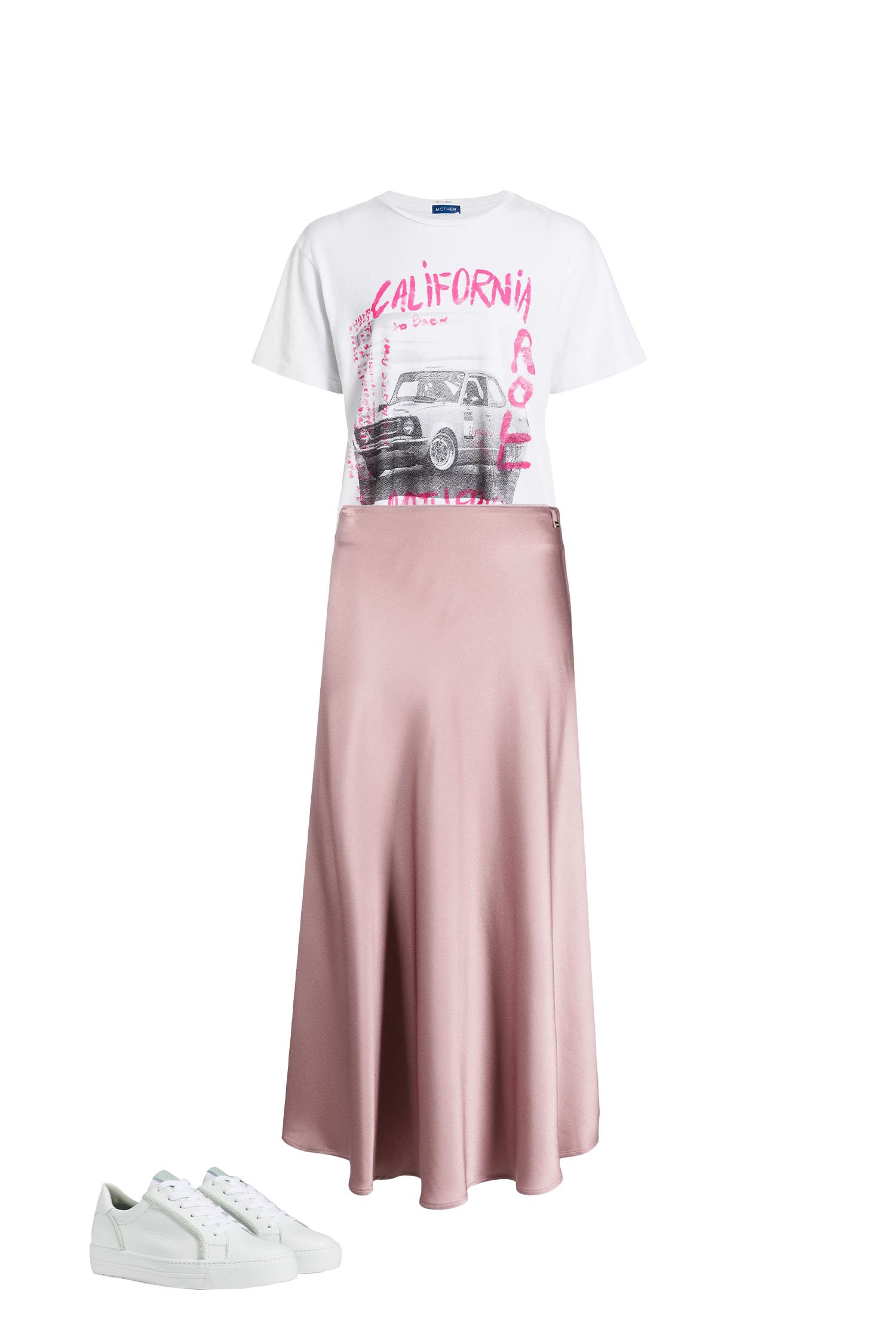 Dusky Rose Pink Satin Skirt with White Graphic T-shirt All White Sneaker